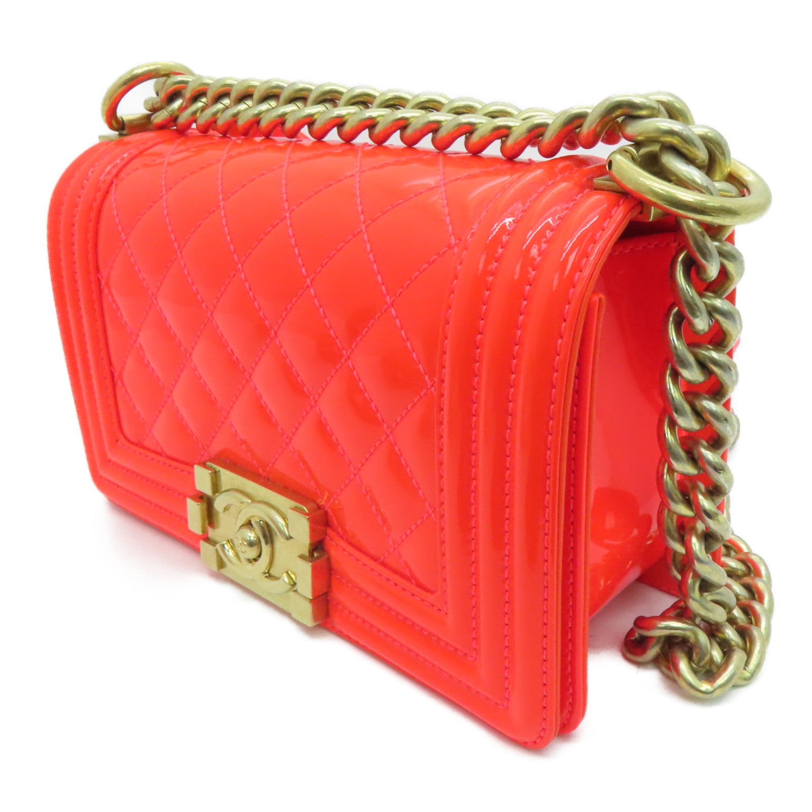 CHANEL diamond patent leather Boy Chanel Shoulder Bag gold buckle chain shoulder bag orange