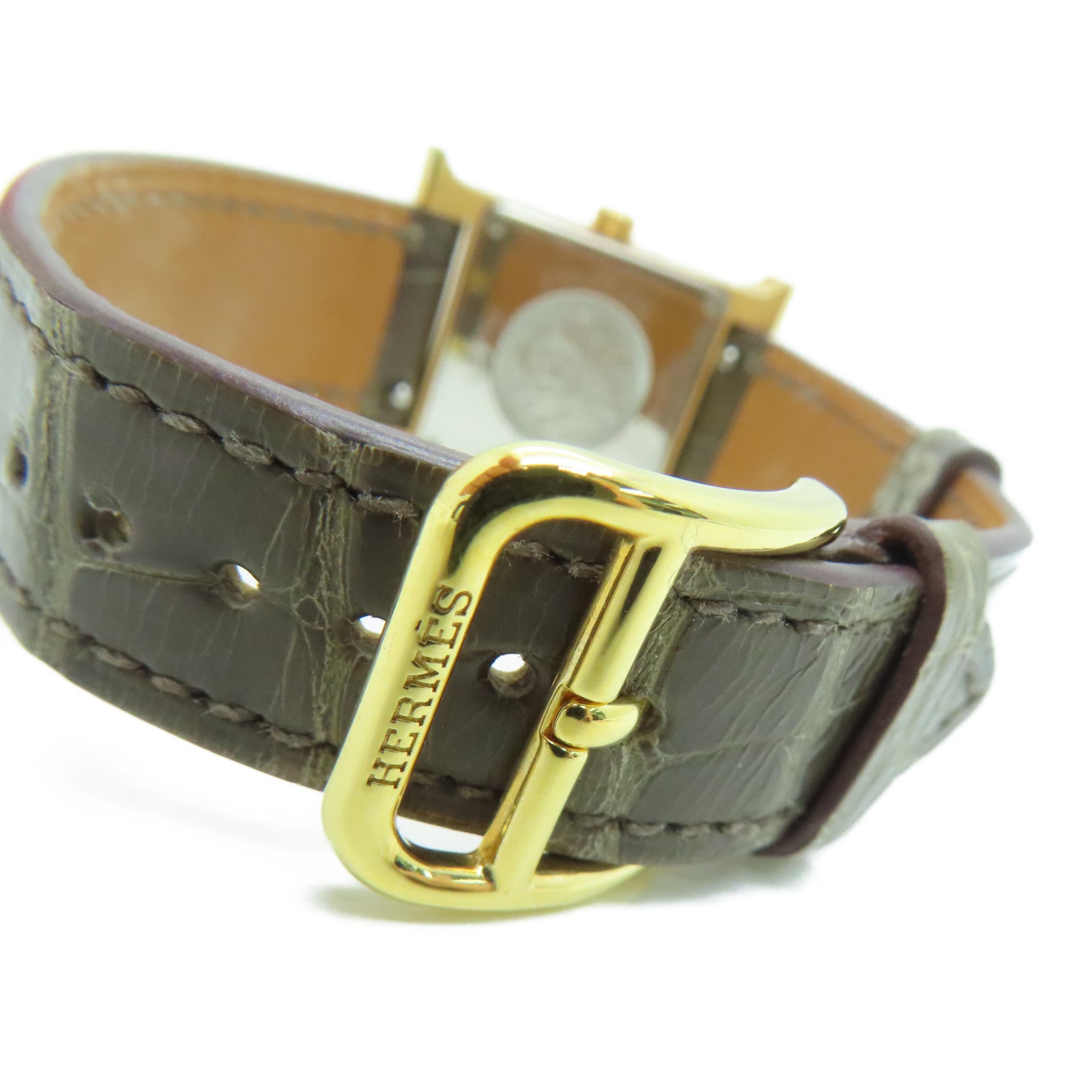 HERMES H Watch鱷魚皮革帶/不鏽鋼鑽石手錶石英機芯白色