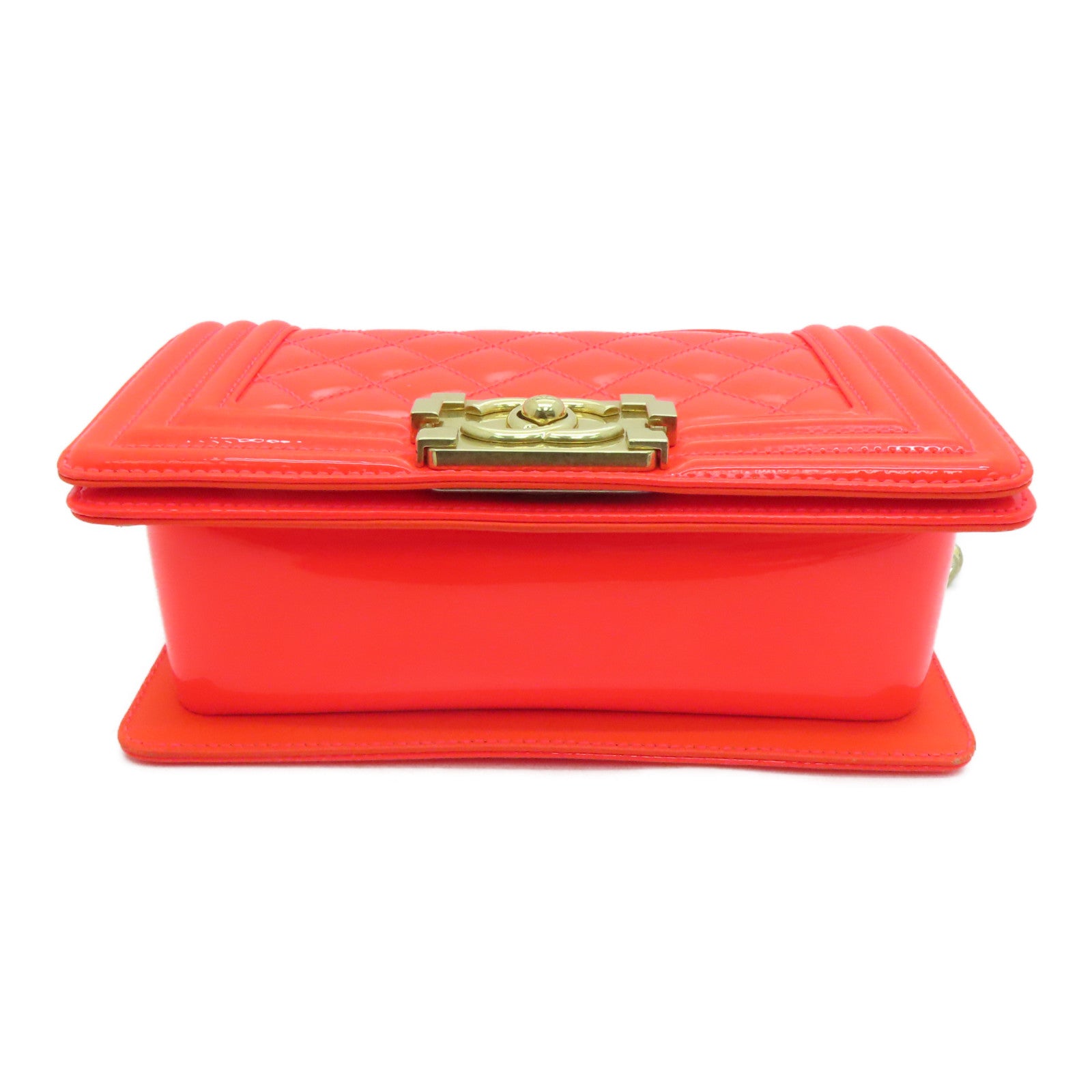 CHANEL diamond patent leather Boy Chanel Shoulder Bag gold buckle chain shoulder bag orange