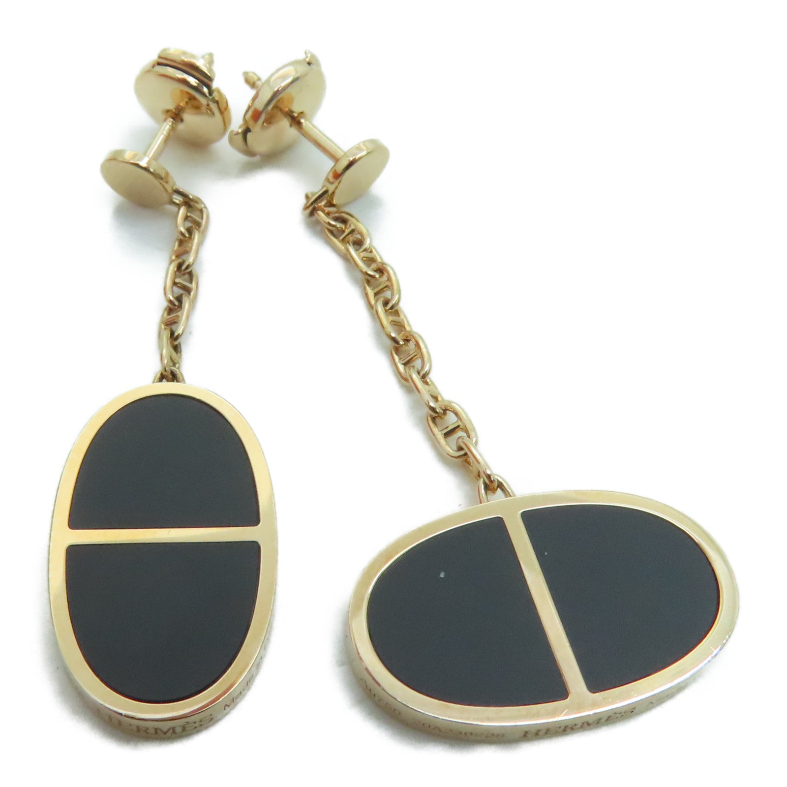 HERMES 18K黃金Boutons d'oreiles Chaine耳環金色/黑色