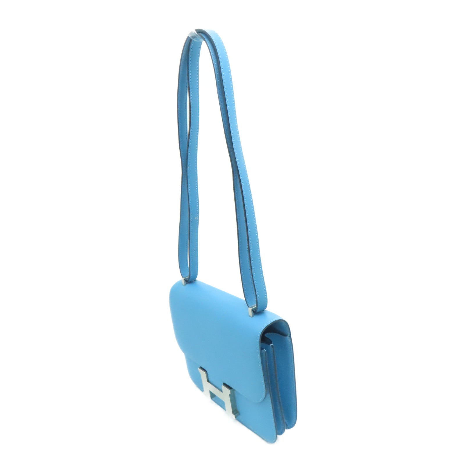 HERMES Swift皮革Constance Mini銀扣肩背袋Bleu Du Nord藍色