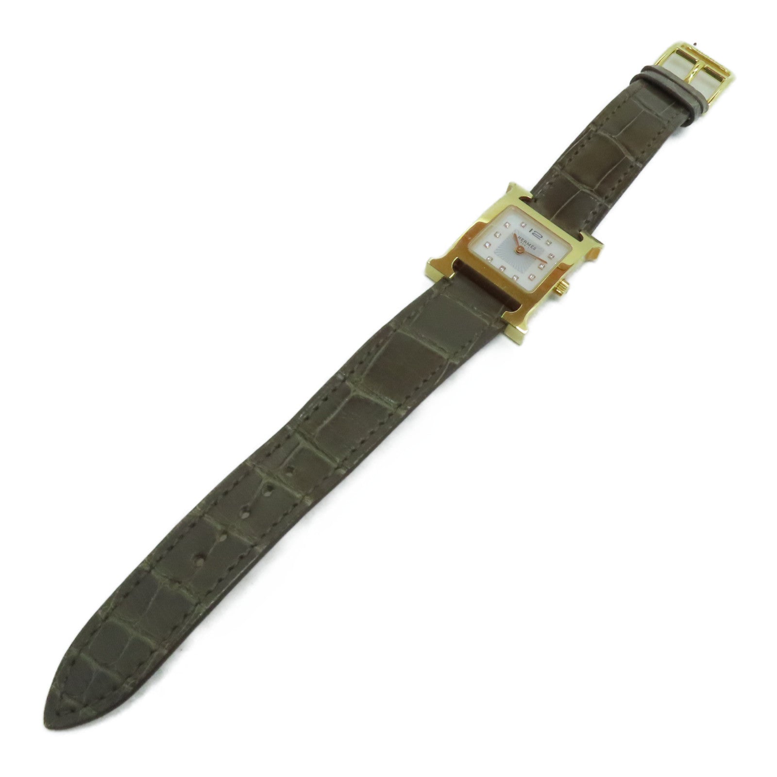 HERMES H Watch鱷魚皮革帶/不鏽鋼鑽石手錶石英機芯白色