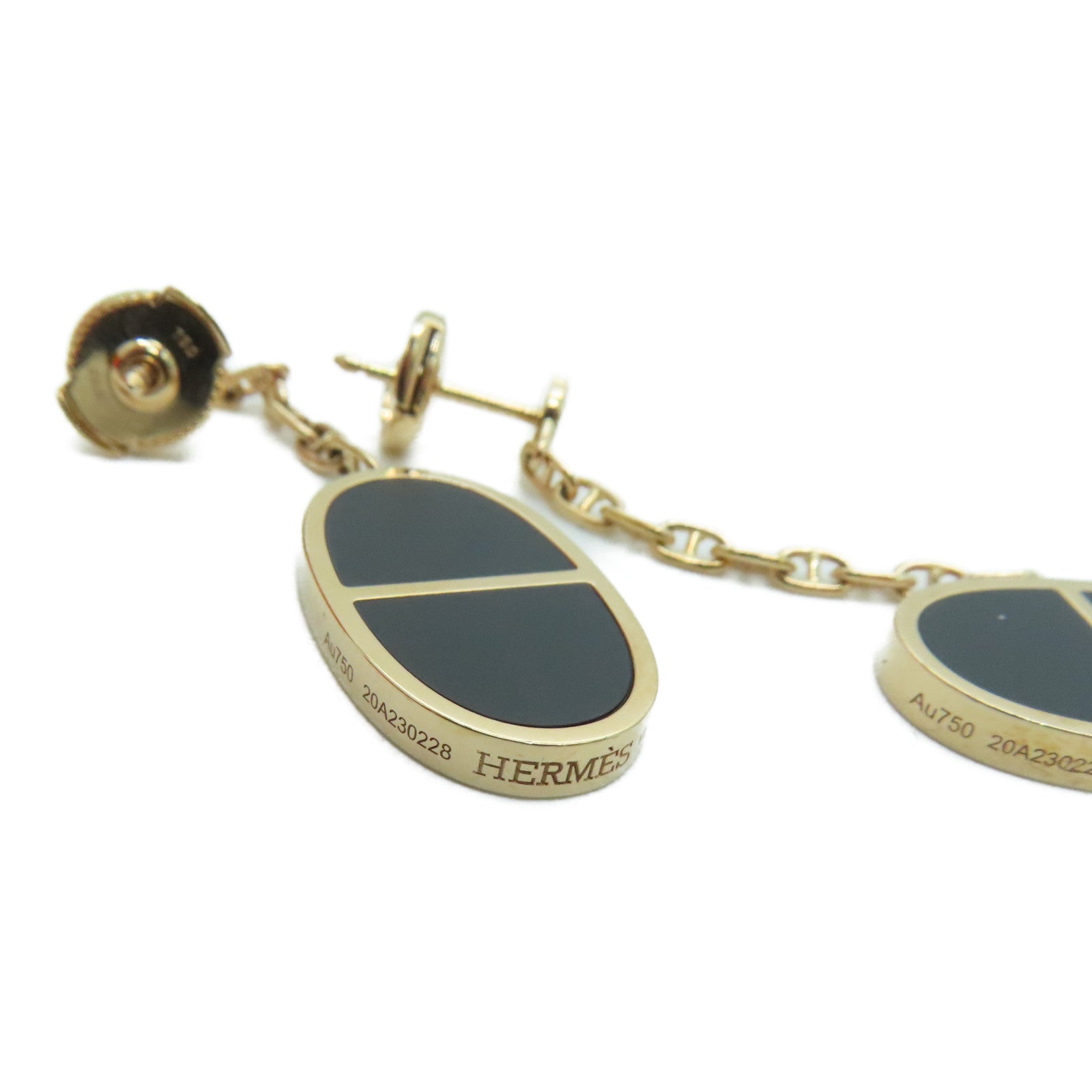 HERMES 18K黃金Boutons d'oreiles Chaine耳環金色/黑色