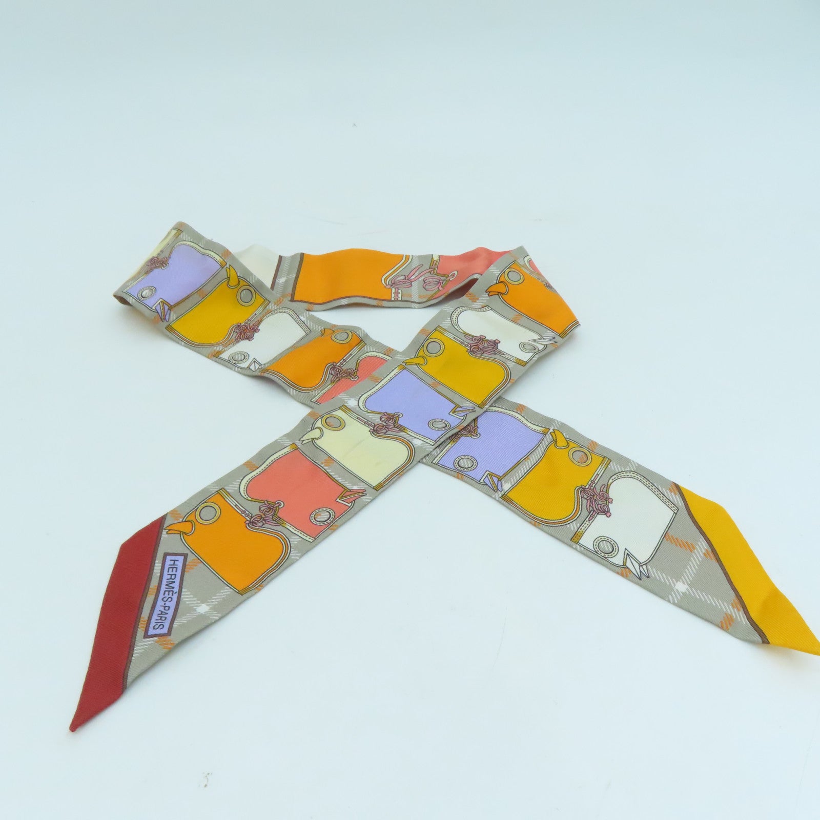 HERMES 絲質Twilly絲巾灰色/彩色