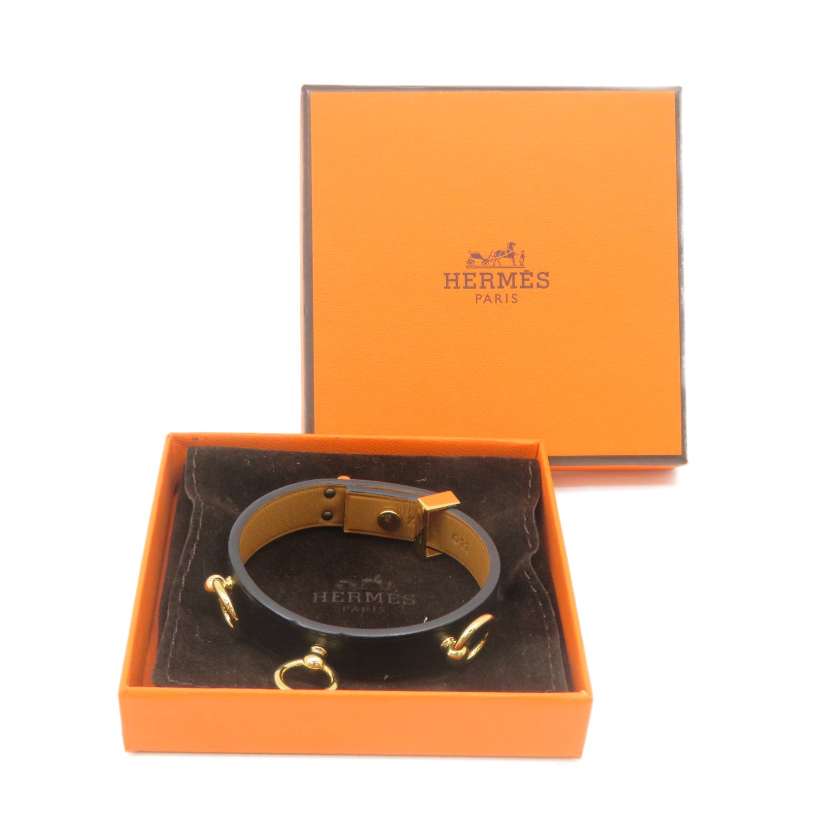 HERMES 牛皮皮革Bracelet T2金扣手链黑色/金色