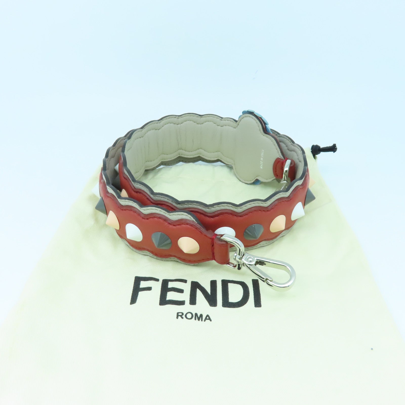 FENDI Cowhide Leather Strap Shoulder Strap Silver Buckle Red/Color