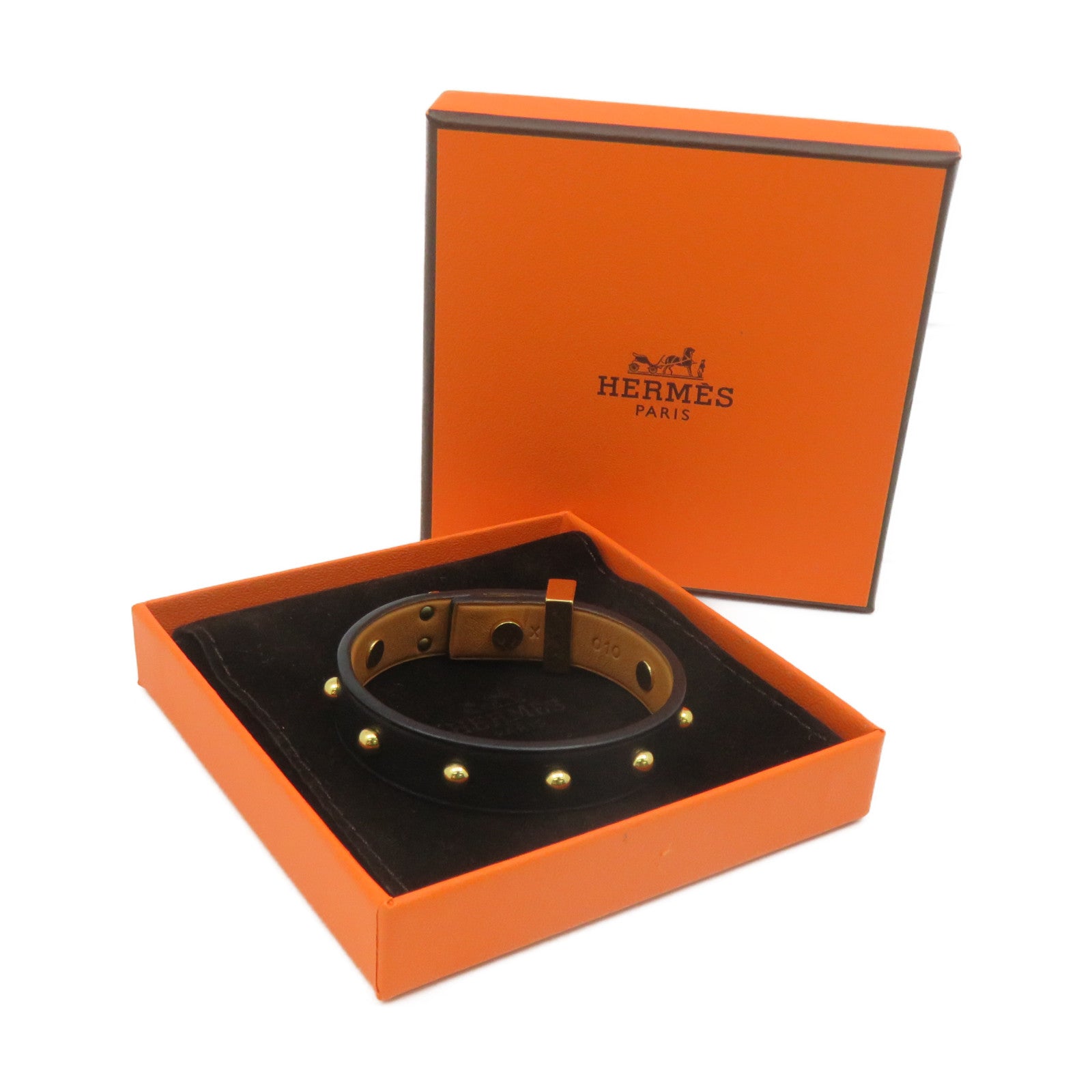 HERMES Leather Studs Bracelet T1 Gold Buckle Bracelet Black/Gold