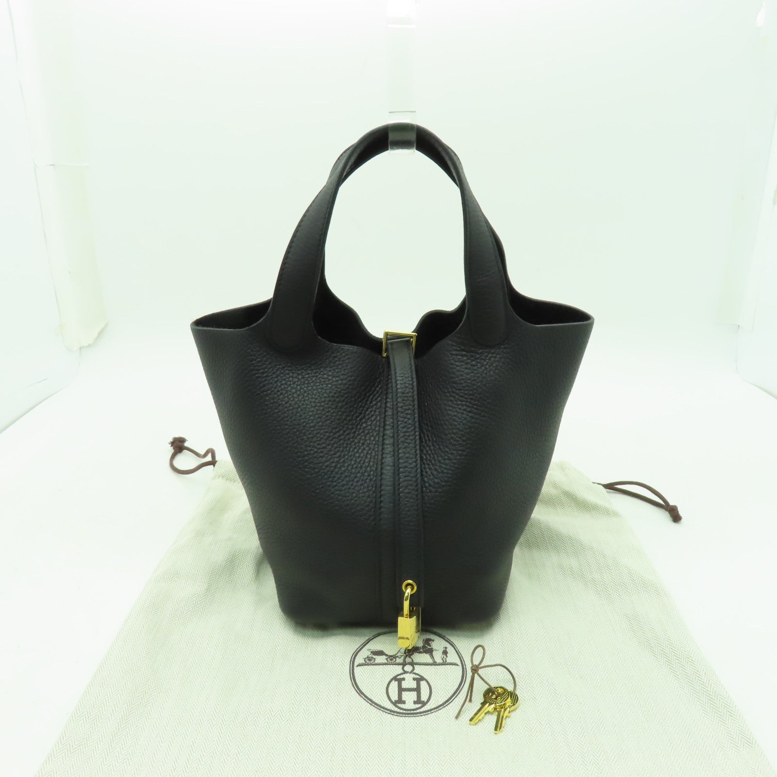 HERMES Clemence皮革Picotin PM金扣手挽袋Noir黑色