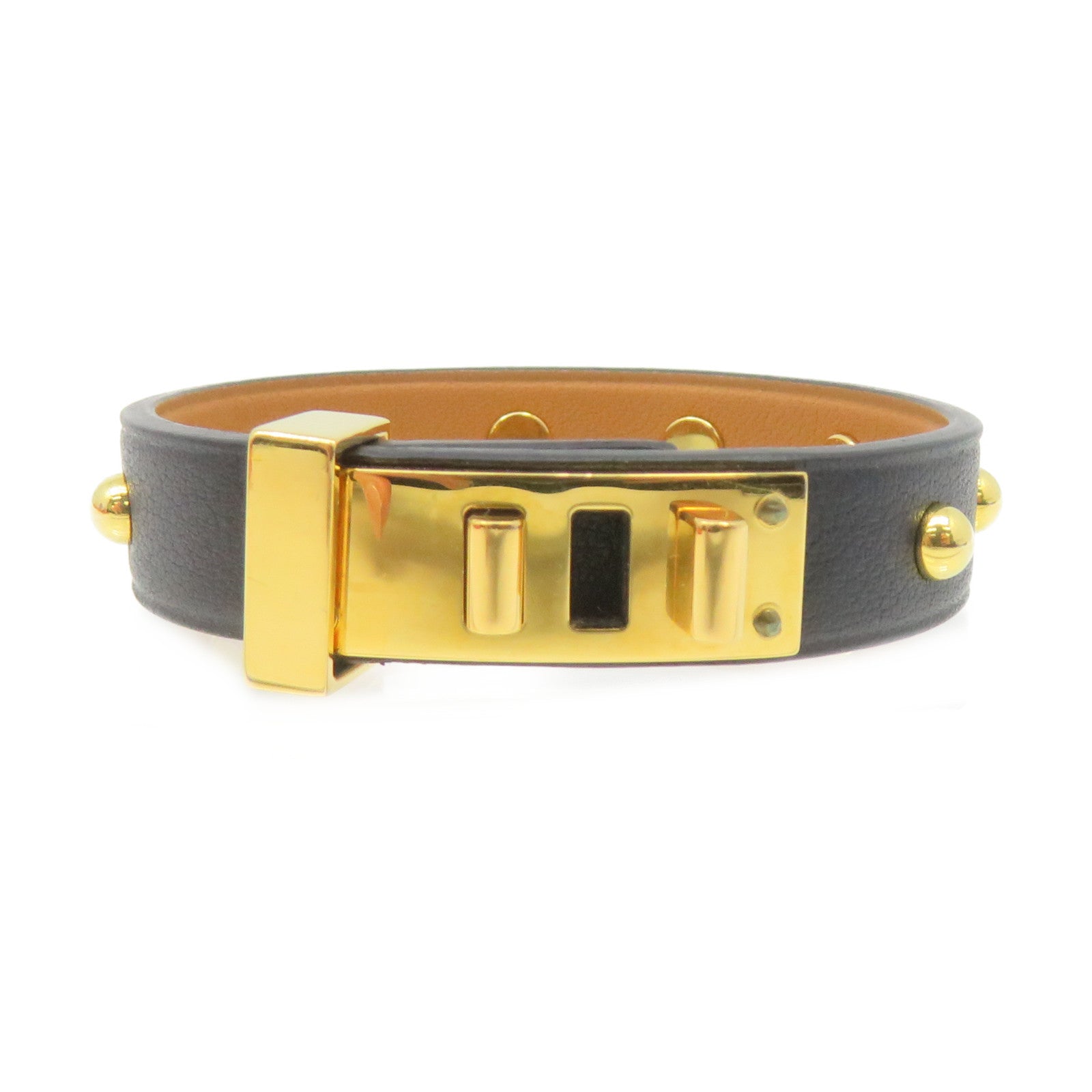 HERMES Leather Studs Bracelet T1 Gold Buckle Bracelet Black