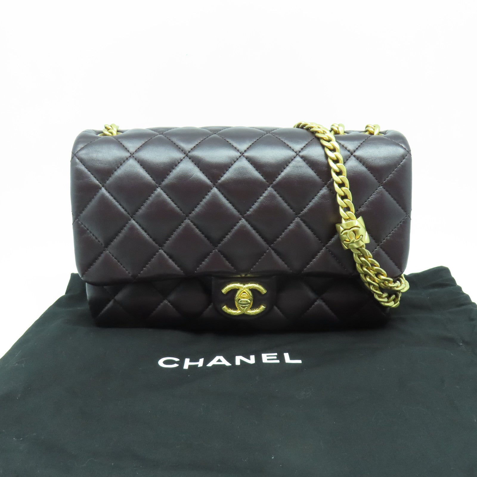 CHANEL 菱格羊皮皮革Chain Shoulder Bag金扣鏈帶肩背袋啡色