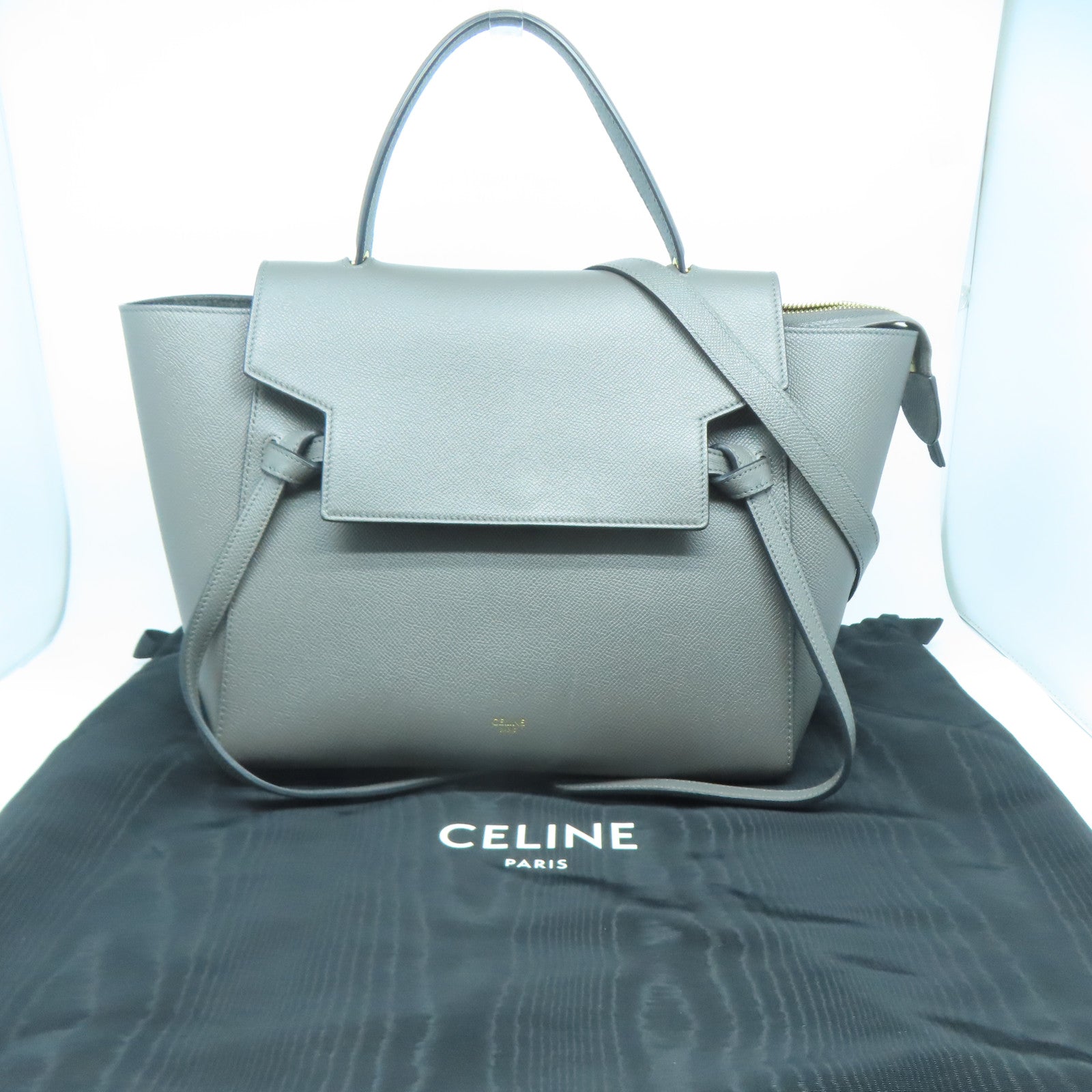 CELINE 牛皮皮革Belt Shoulder Bag金扣手挽肩背兩用袋灰色