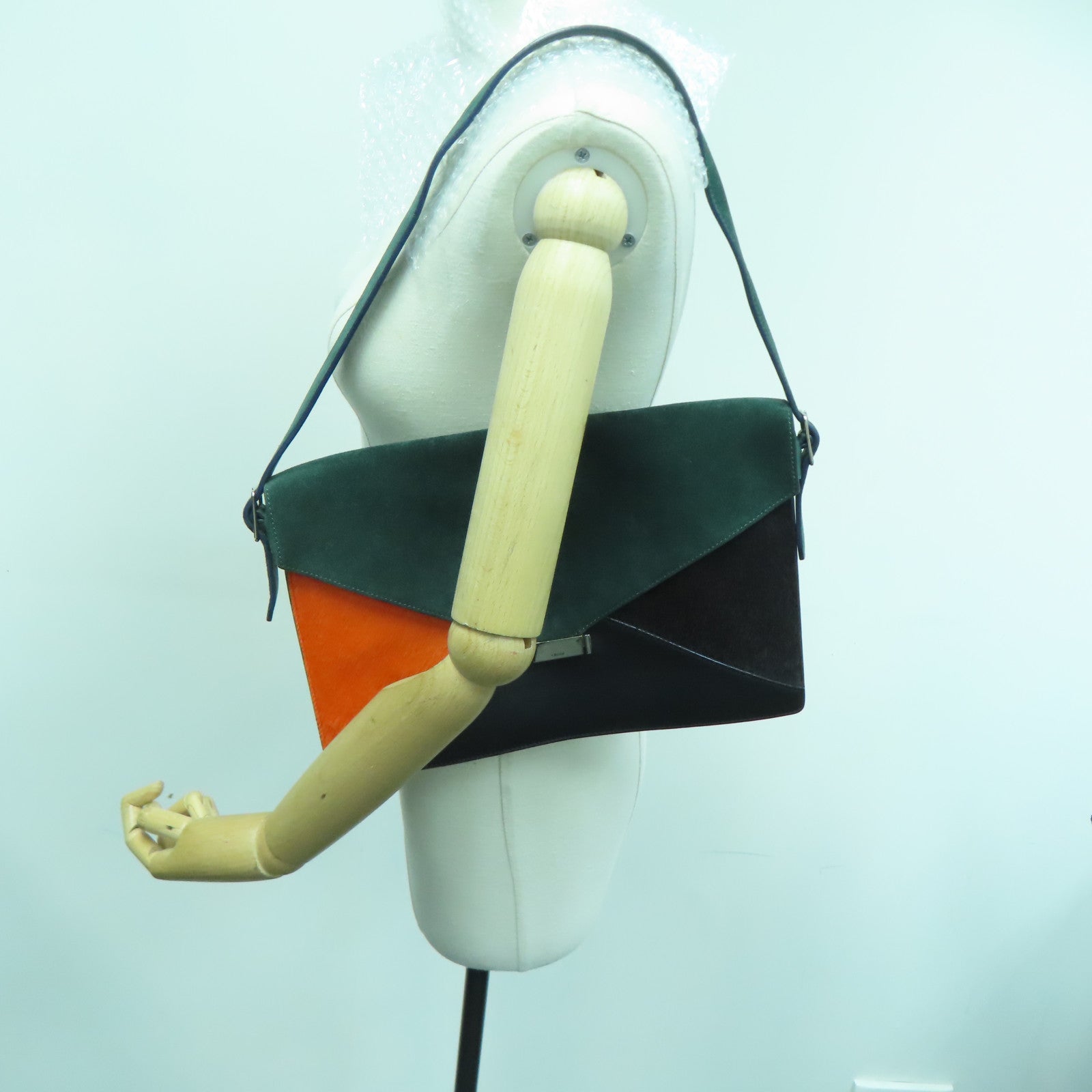 CELINE 牛皮皮革/馬毛Shoulder Bag銀扣肩背袋綠色/黑色/橙色