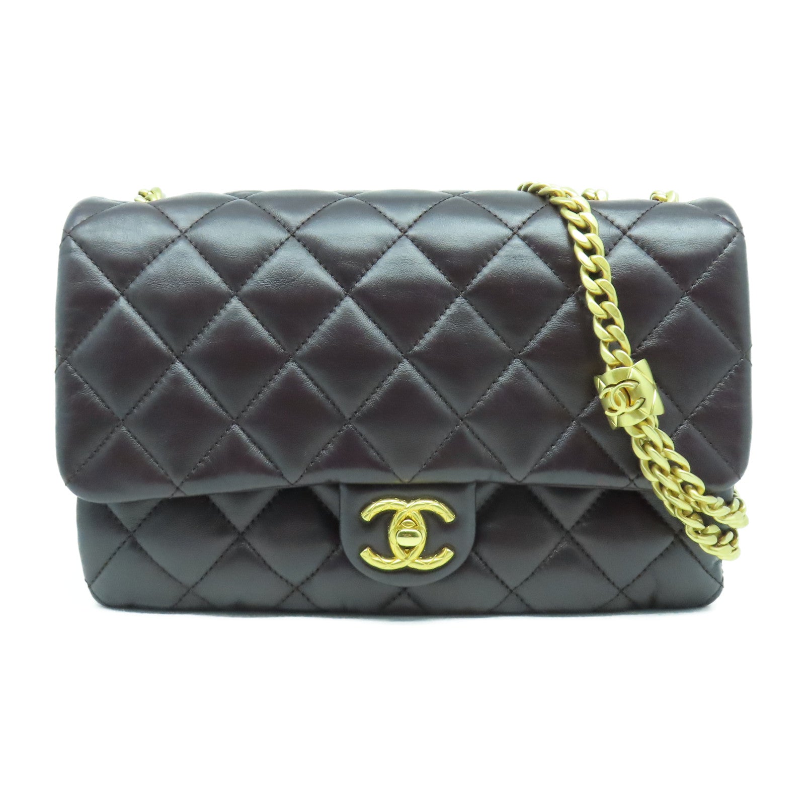 CHANEL 菱格羊皮皮革Chain Shoulder Bag金扣鏈帶肩背袋啡色