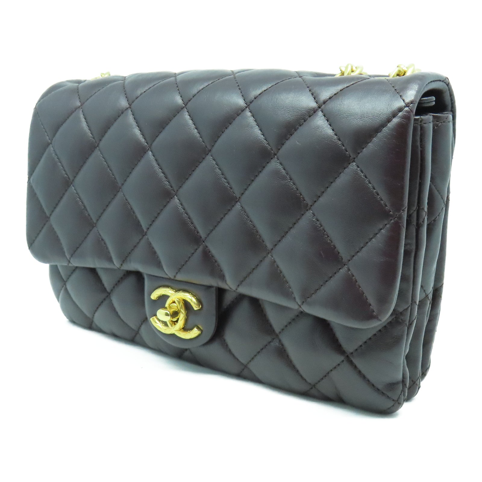 CHANEL 菱格羊皮皮革Chain Shoulder Bag金扣鏈帶肩背袋啡色