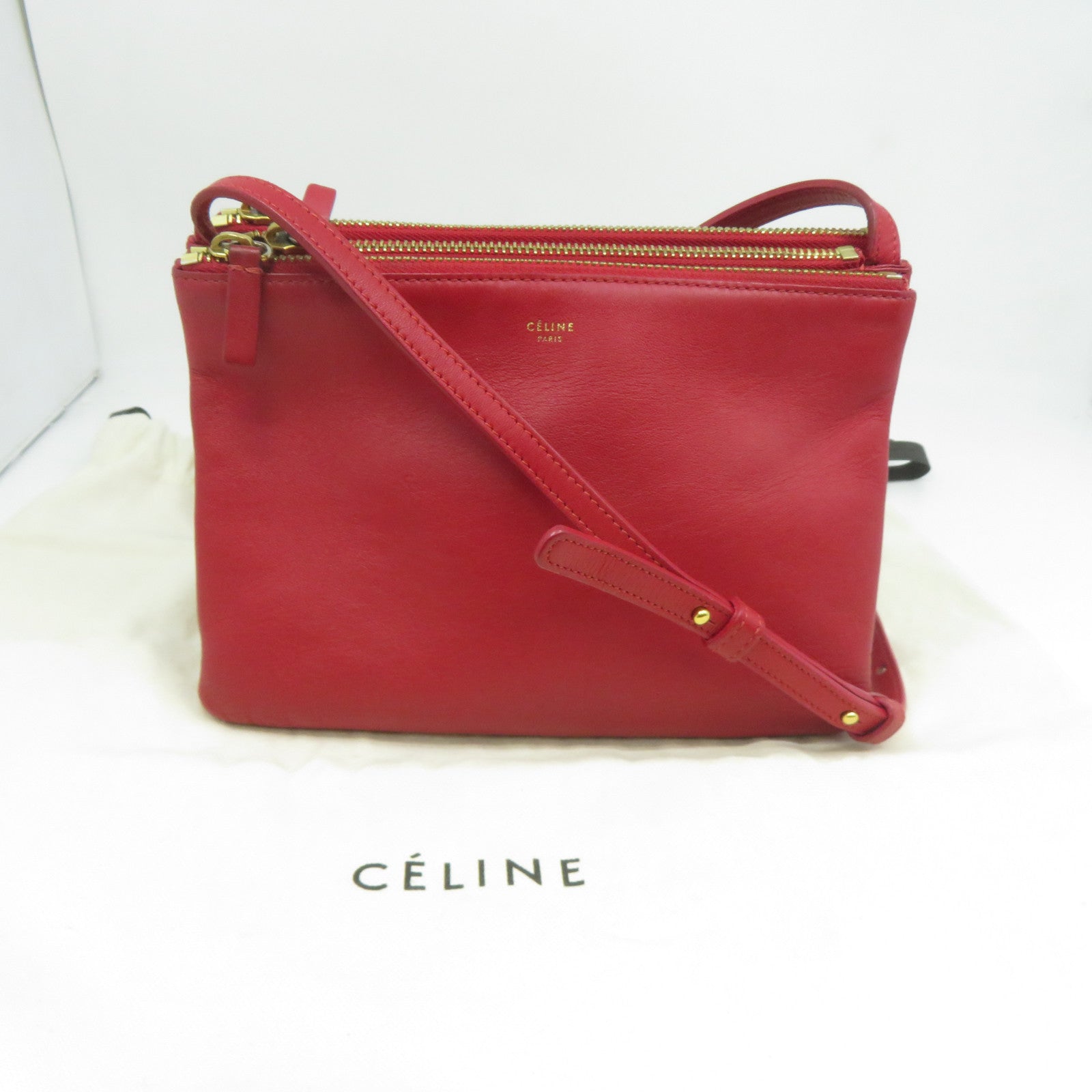 CELINE 羊皮皮革Trio Shoulder Bag金扣肩背袋紅色