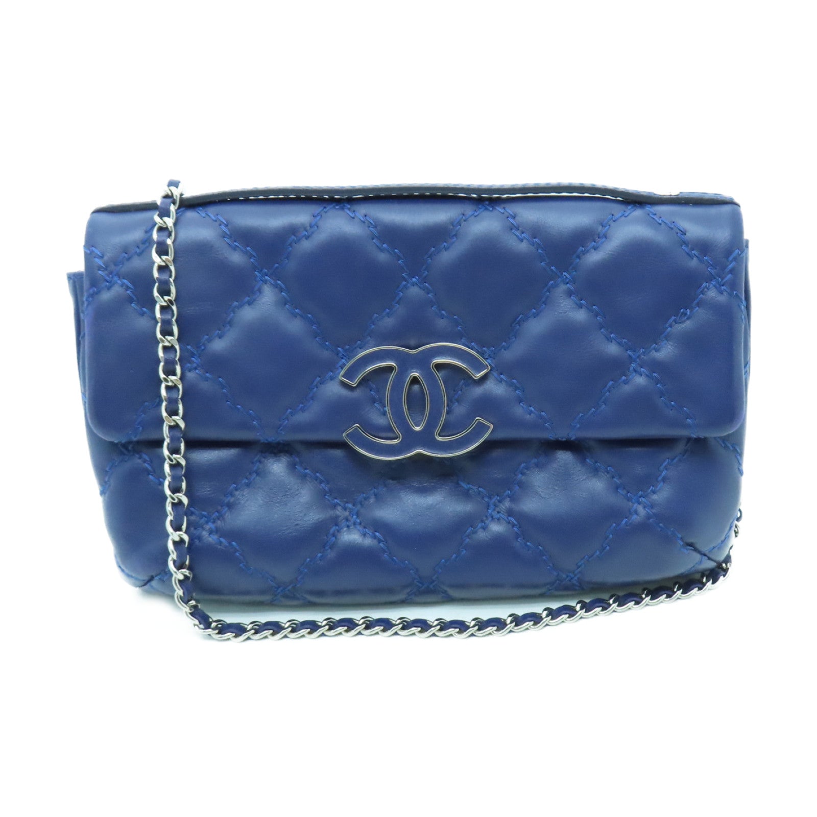 CHANEL 菱格羊皮皮革Chain Shoulder銀扣肩背袋藍色