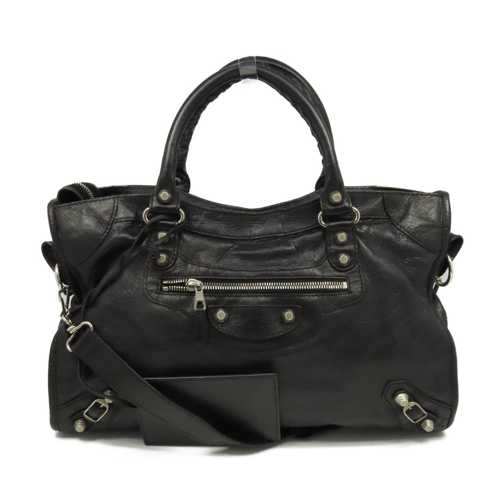 BALENCIAGA 羊皮皮革City 2Way Shoulder Bag銀扣手挽肩背兩用袋黑色