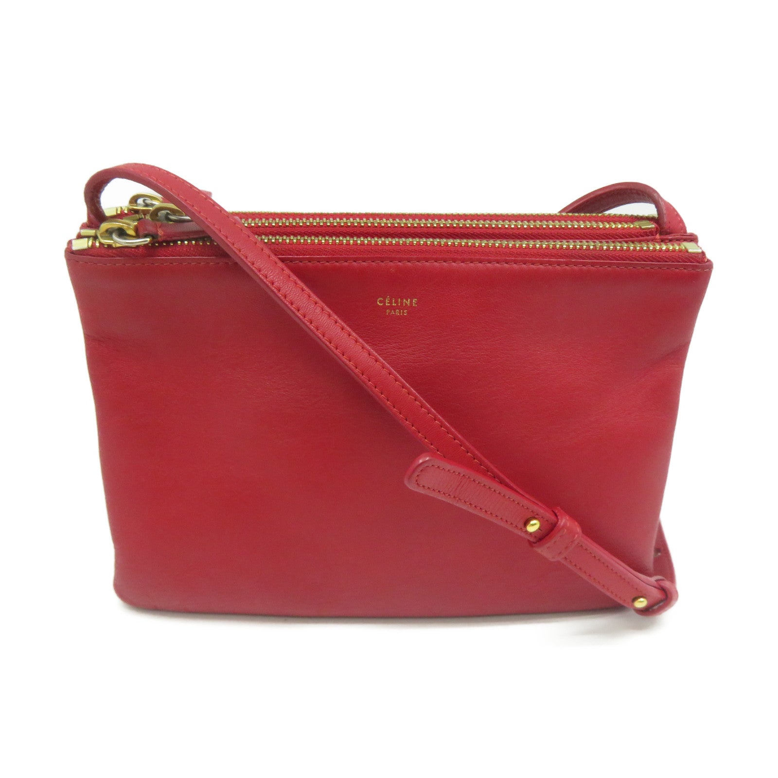 CELINE 羊皮皮革Trio Shoulder Bag金扣肩背袋紅色