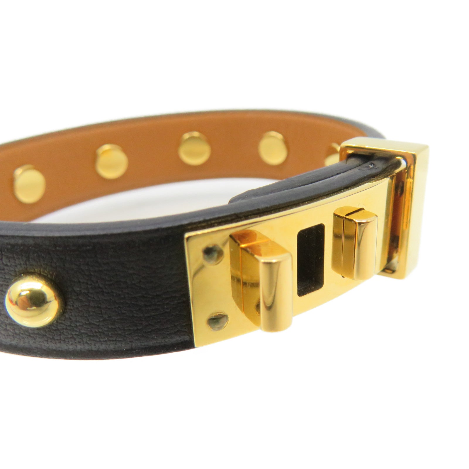 HERMES Leather Studs Bracelet T1 Gold Buckle Bracelet Black/Gold