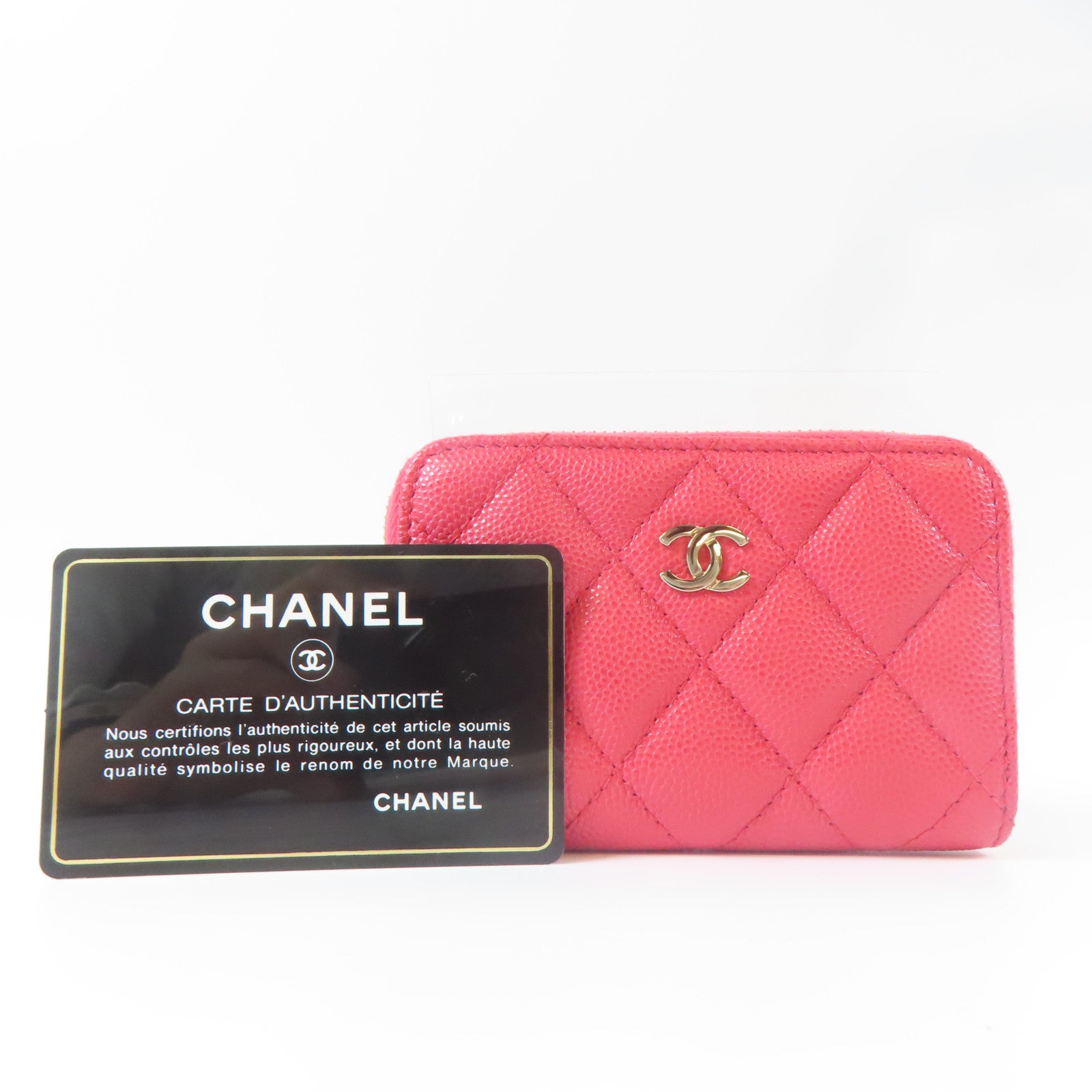 CHANEL 菱格Caviar皮革Card Case金扣卡片套粉紅色
