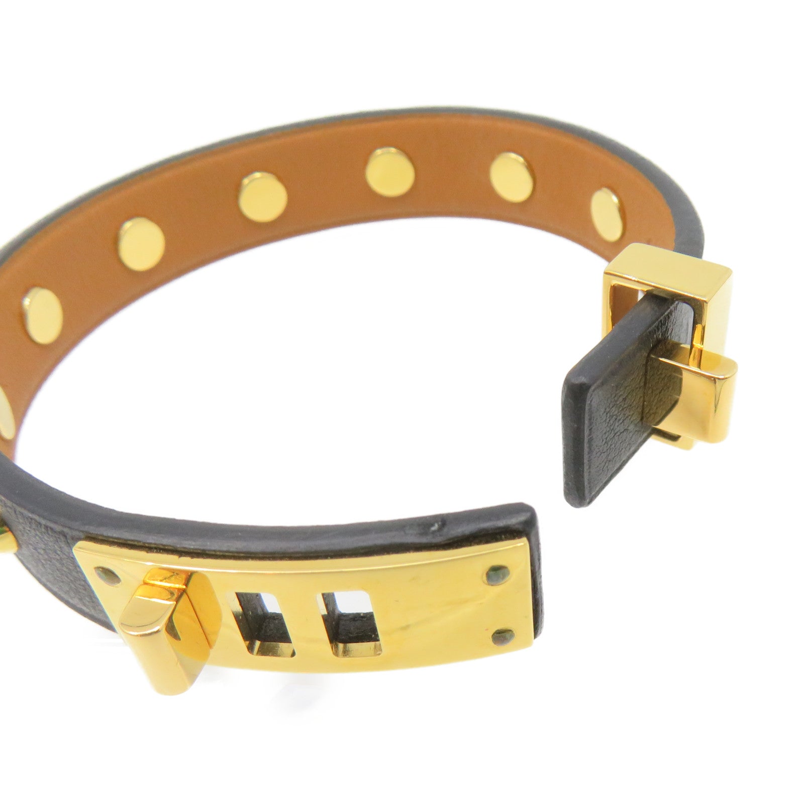 HERMES Leather Studs Bracelet T1 Gold Buckle Bracelet Black/Gold