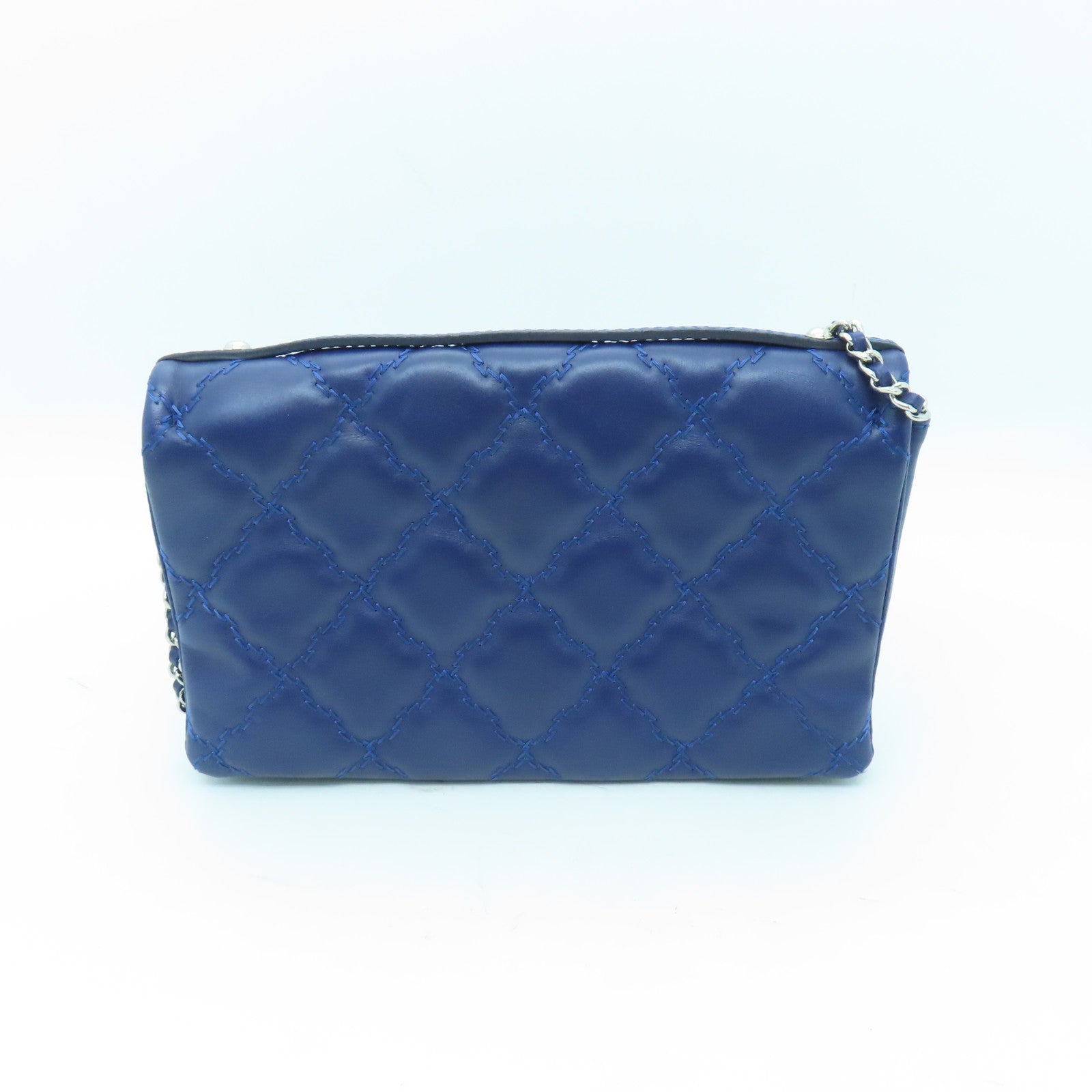 CHANEL 菱格羊皮皮革Chain Shoulder銀扣肩背袋藍色