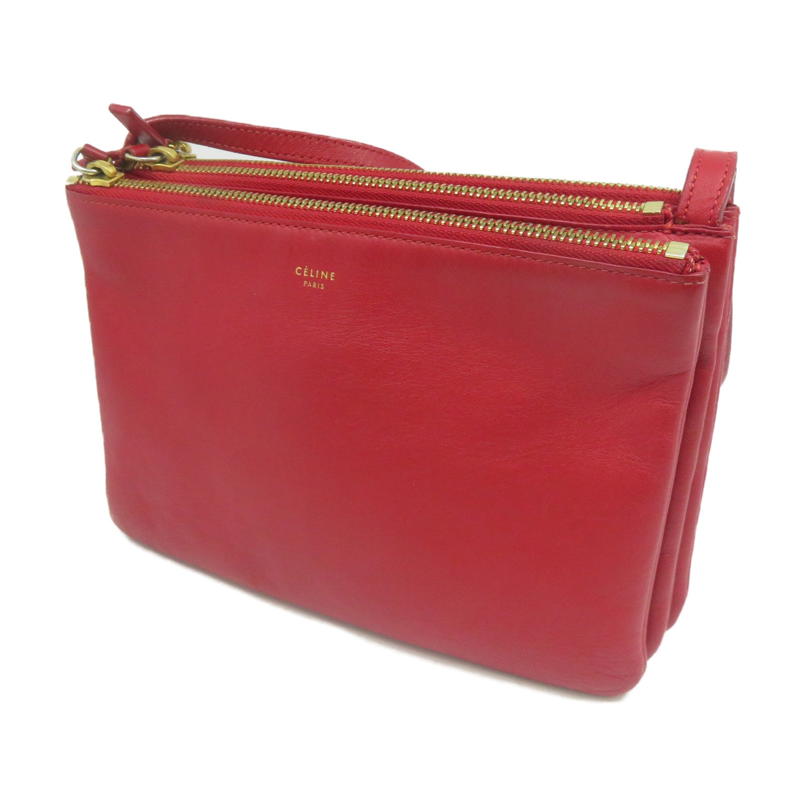 CELINE 羊皮皮革Trio Shoulder Bag金扣肩背袋紅色