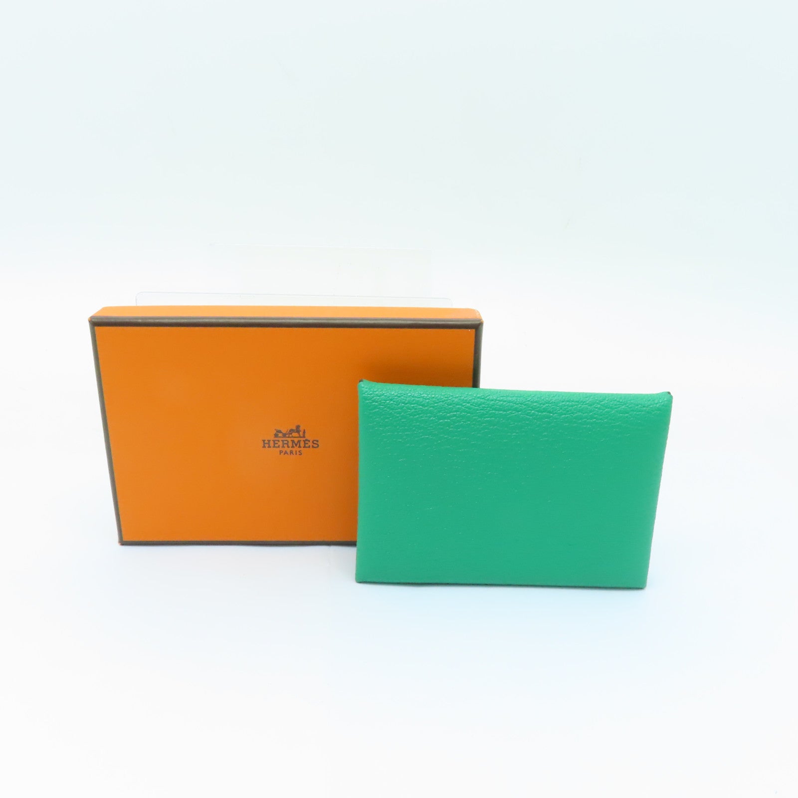HERMES Chevre皮革Calvi銀扣卡片套綠色