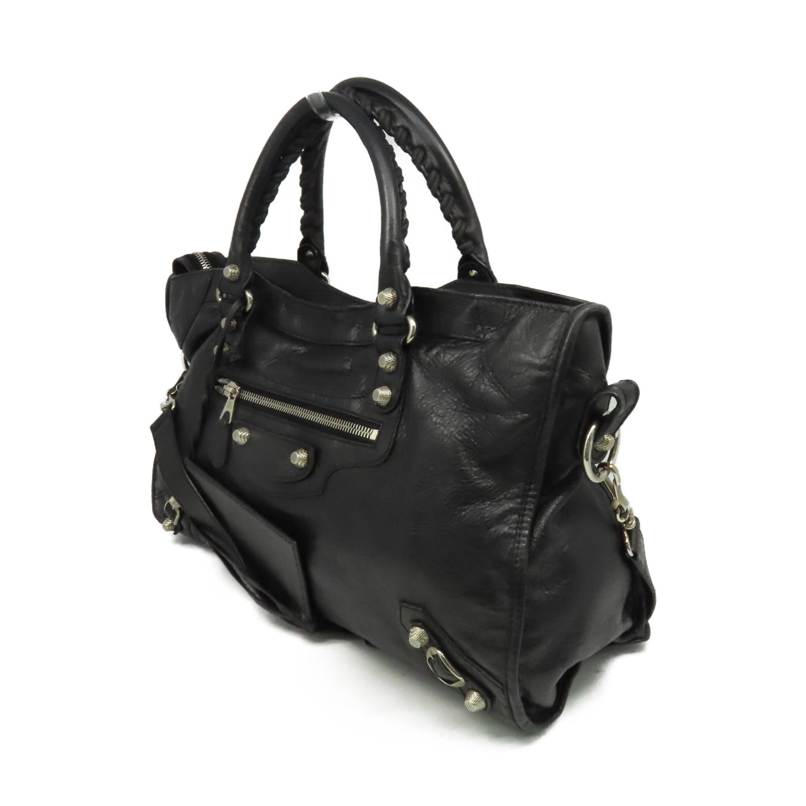 BALENCIAGA 羊皮皮革City 2Way Shoulder Bag銀扣手挽肩背兩用袋黑色