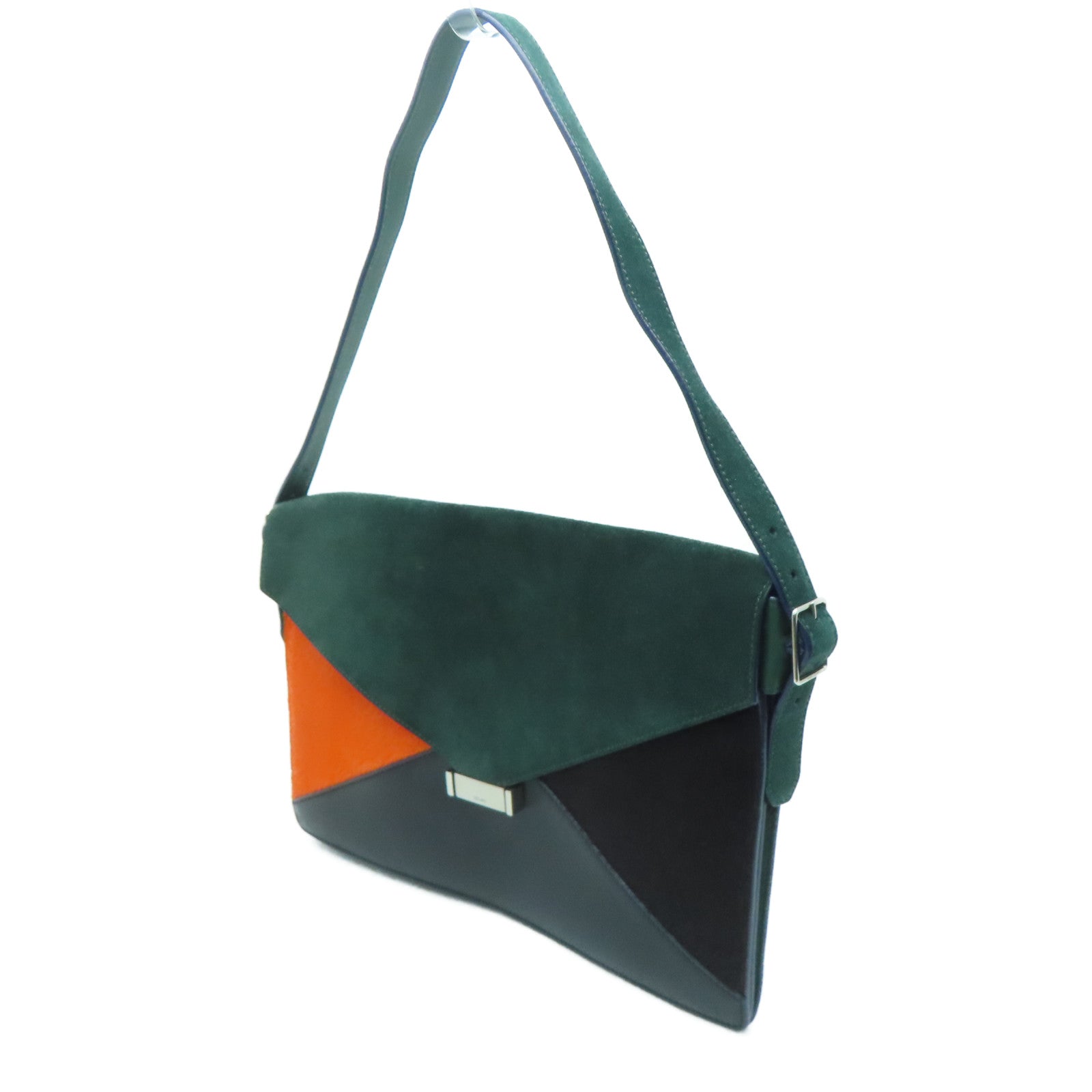 CELINE 牛皮皮革/馬毛Shoulder Bag銀扣肩背袋綠色/黑色/橙色– Brand 