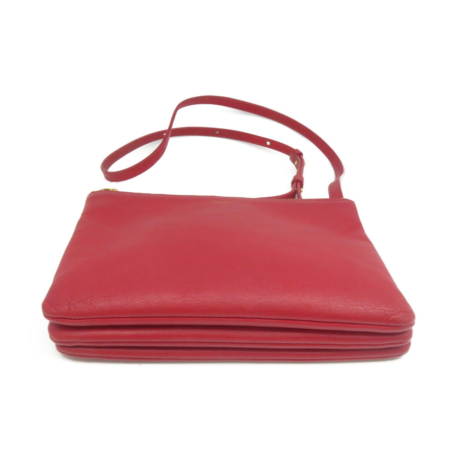 CELINE 羊皮皮革Trio Shoulder Bag金扣肩背袋紅色