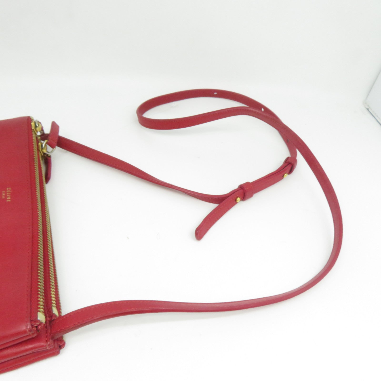 CELINE 羊皮皮革Trio Shoulder Bag金扣肩背袋紅色