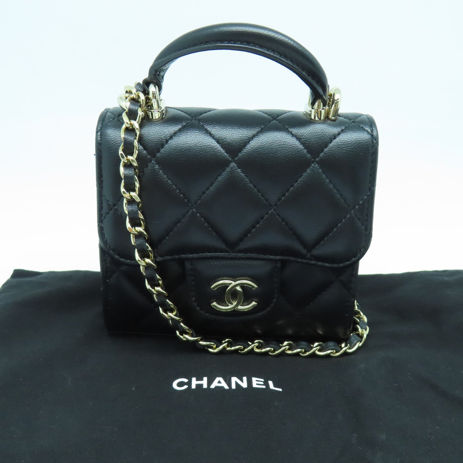 CHANEL 菱格羊皮皮革Chain Shoulder金扣手挽肩背兩用袋黑色
