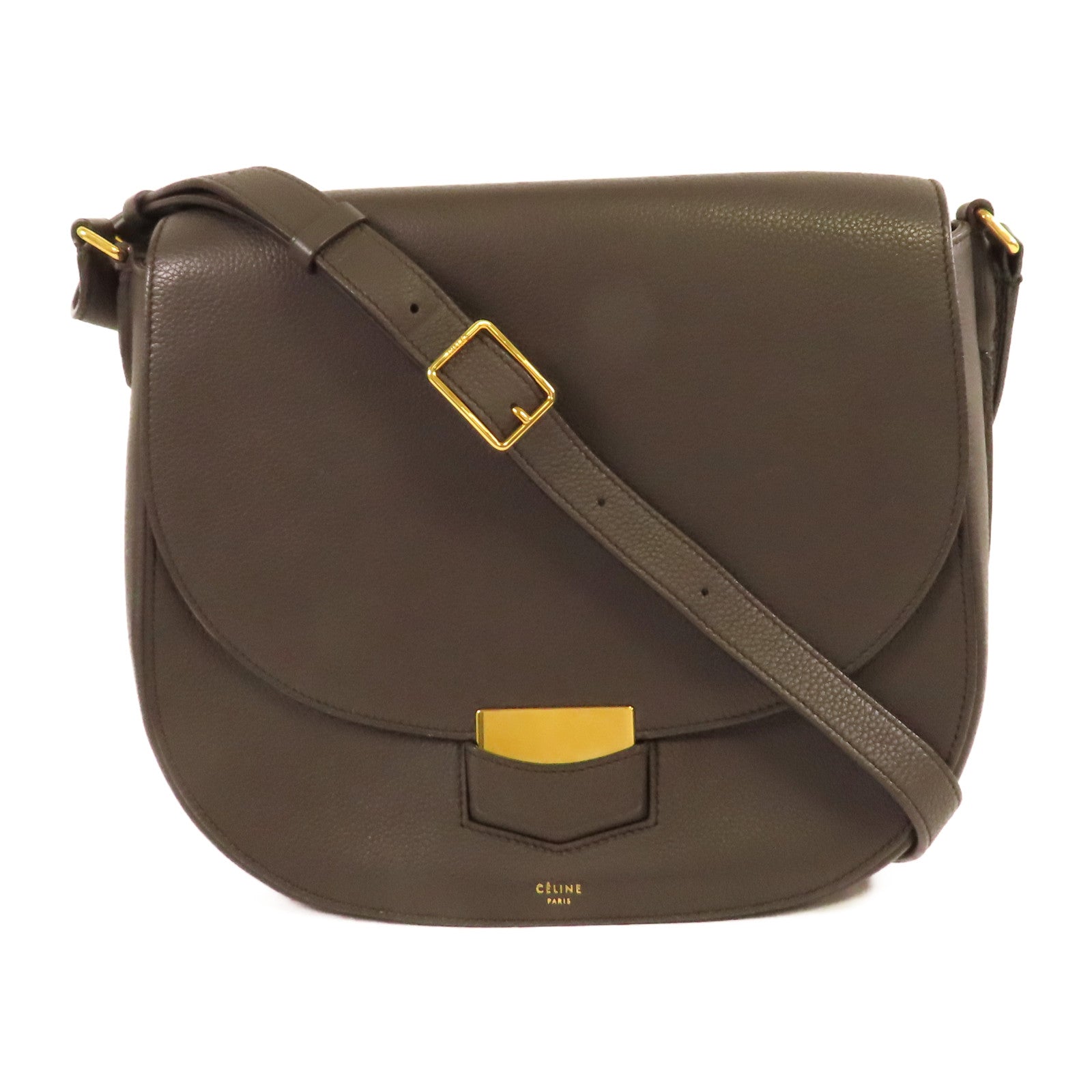 CELINE 牛皮皮革Shoulder Bag金扣肩背袋灰色