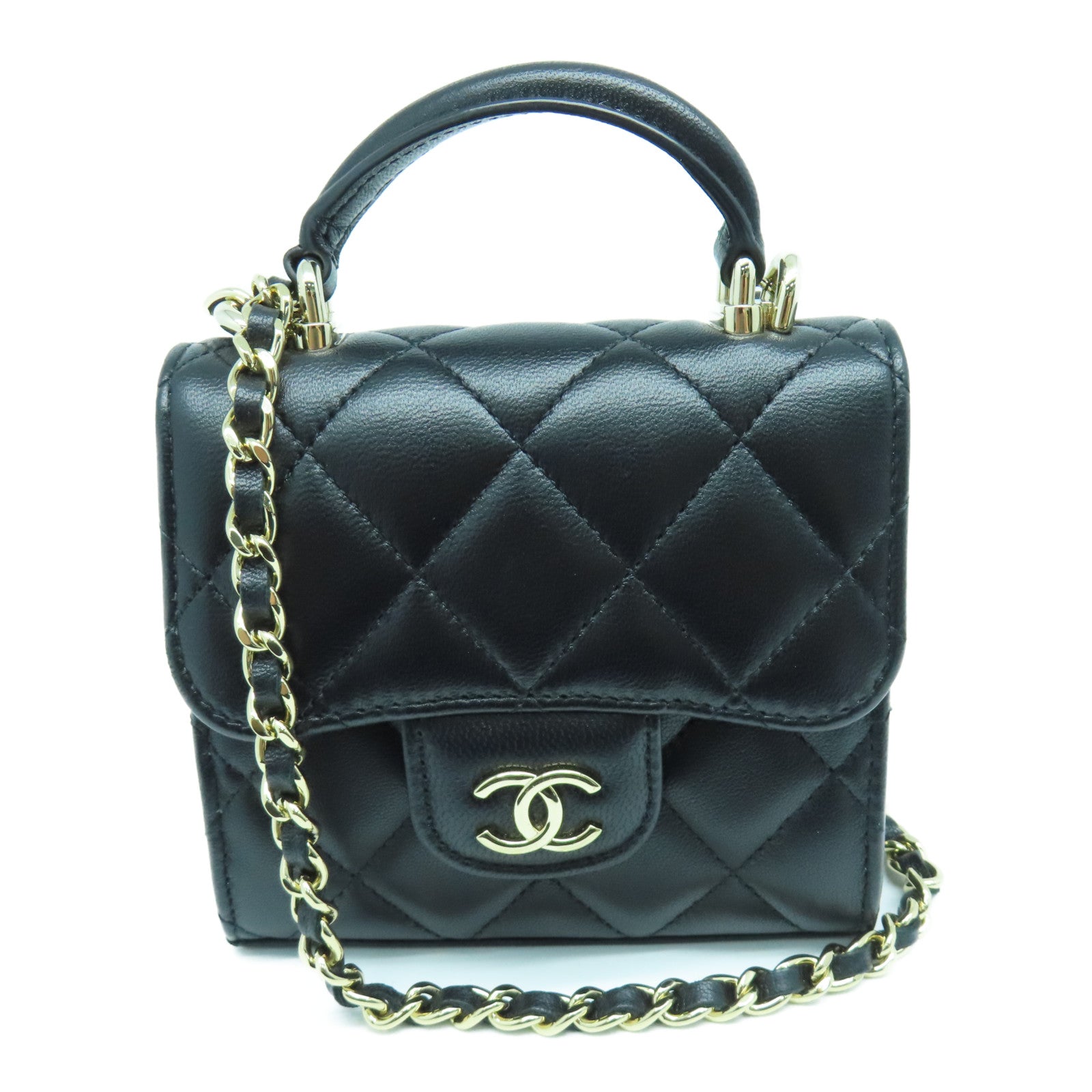 CHANEL 菱格羊皮皮革Chain Shoulder金扣手挽肩背兩用袋黑色