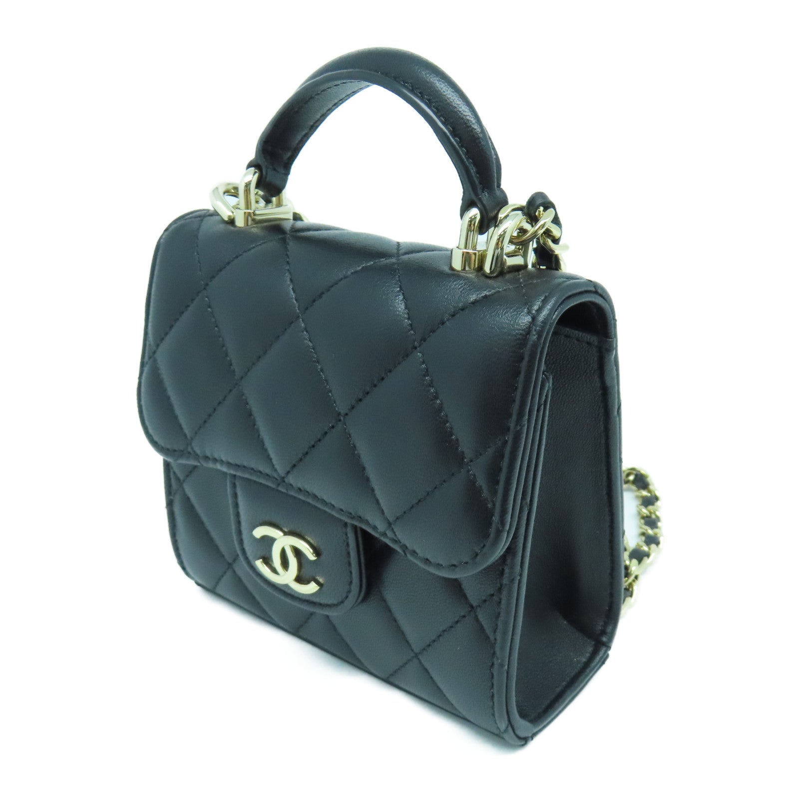 CHANEL 菱格羊皮皮革Chain Shoulder金扣手挽肩背兩用袋黑色