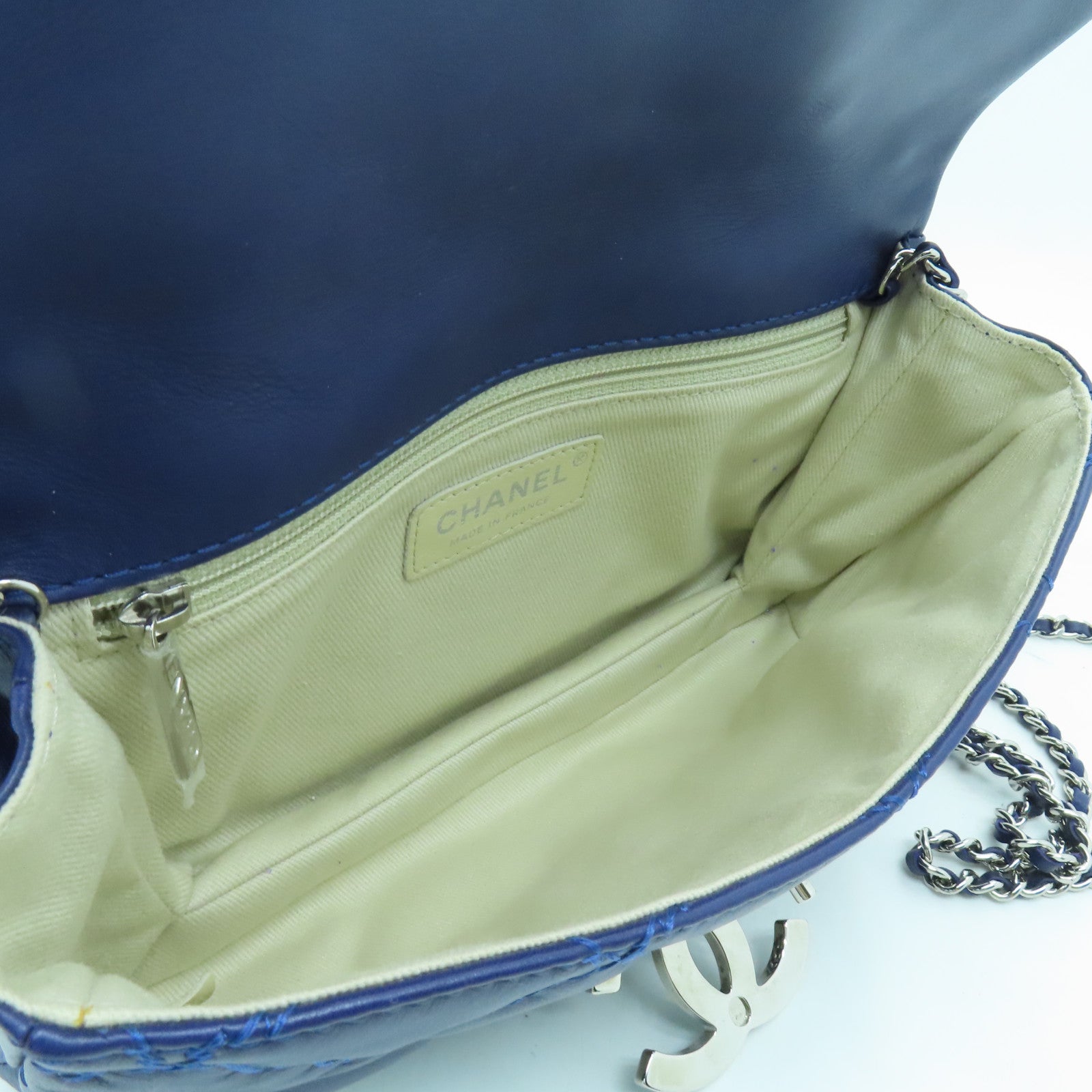 CHANEL 菱格羊皮皮革Chain Shoulder銀扣肩背袋藍色