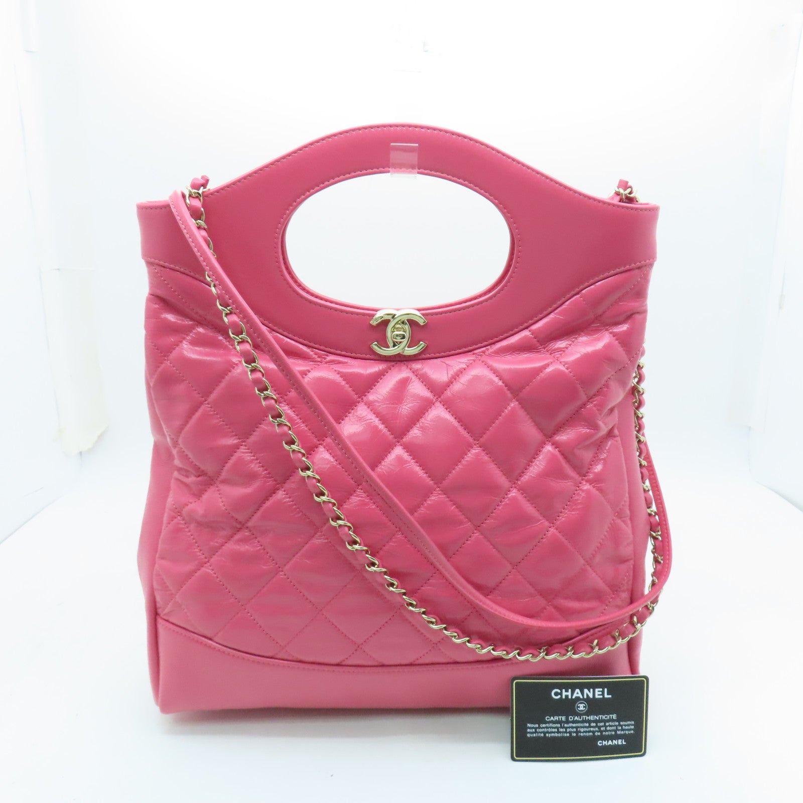 CHANEL 菱格Aged Calf皮革2way Shoulder Bag金扣手挽肩背兩用袋粉紅色