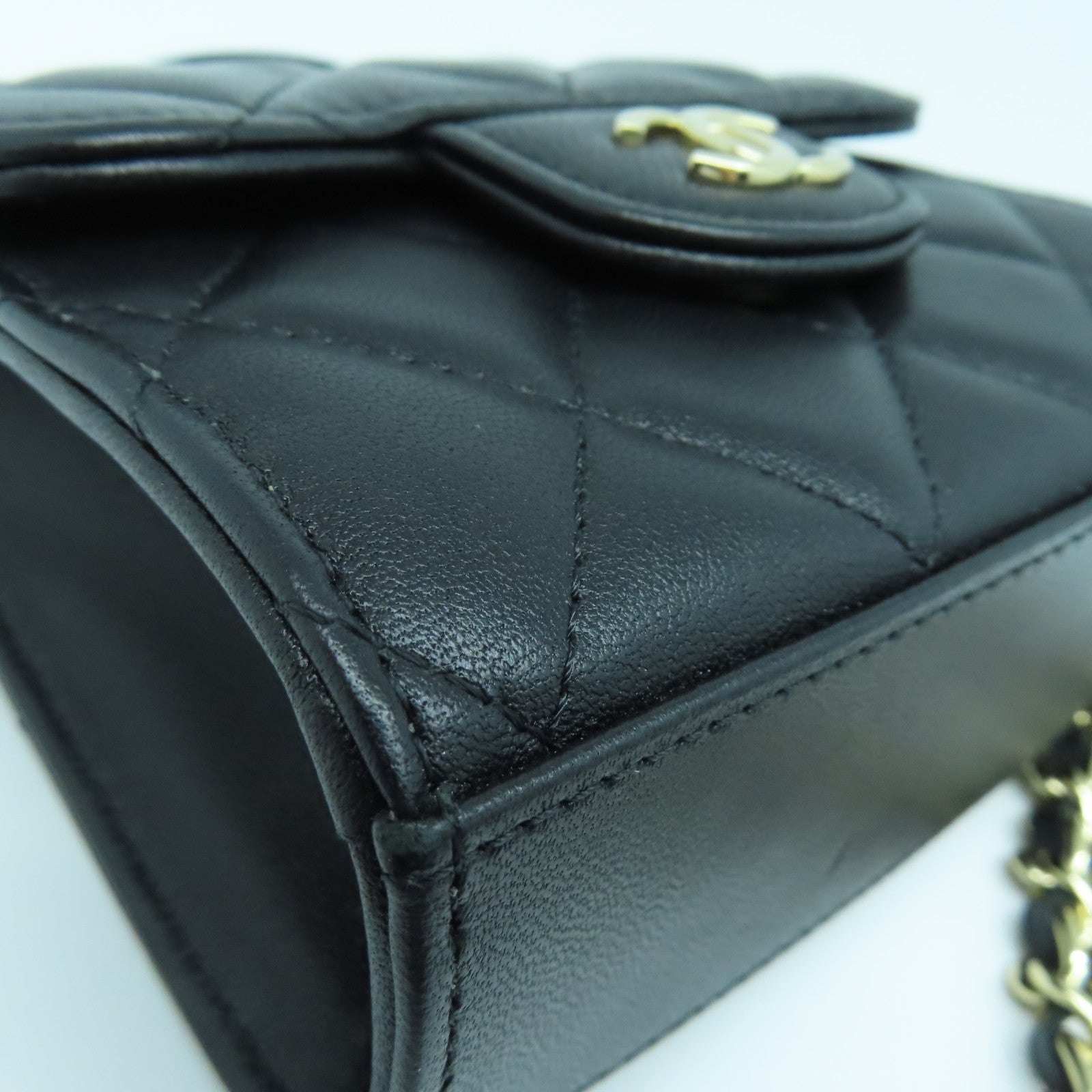 CHANEL 菱格羊皮皮革Chain Shoulder金扣手挽肩背兩用袋黑色