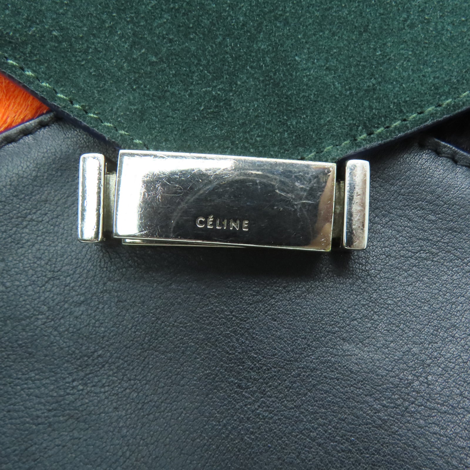 CELINE 牛皮皮革/馬毛Shoulder Bag銀扣肩背袋綠色/黑色/橙色