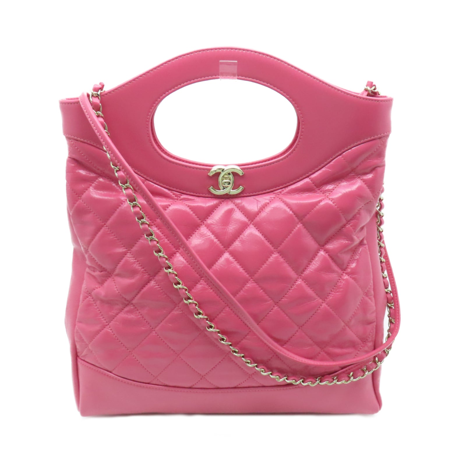 CHANEL 菱格Aged Calf皮革2way Shoulder Bag金扣手挽肩背兩用袋粉紅色