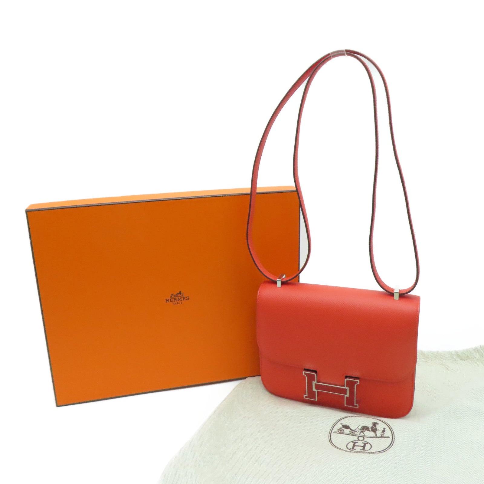 HERMES 【激减优惠】Epsom皮革Constace Mini银扣肩背袋Capucine/红色