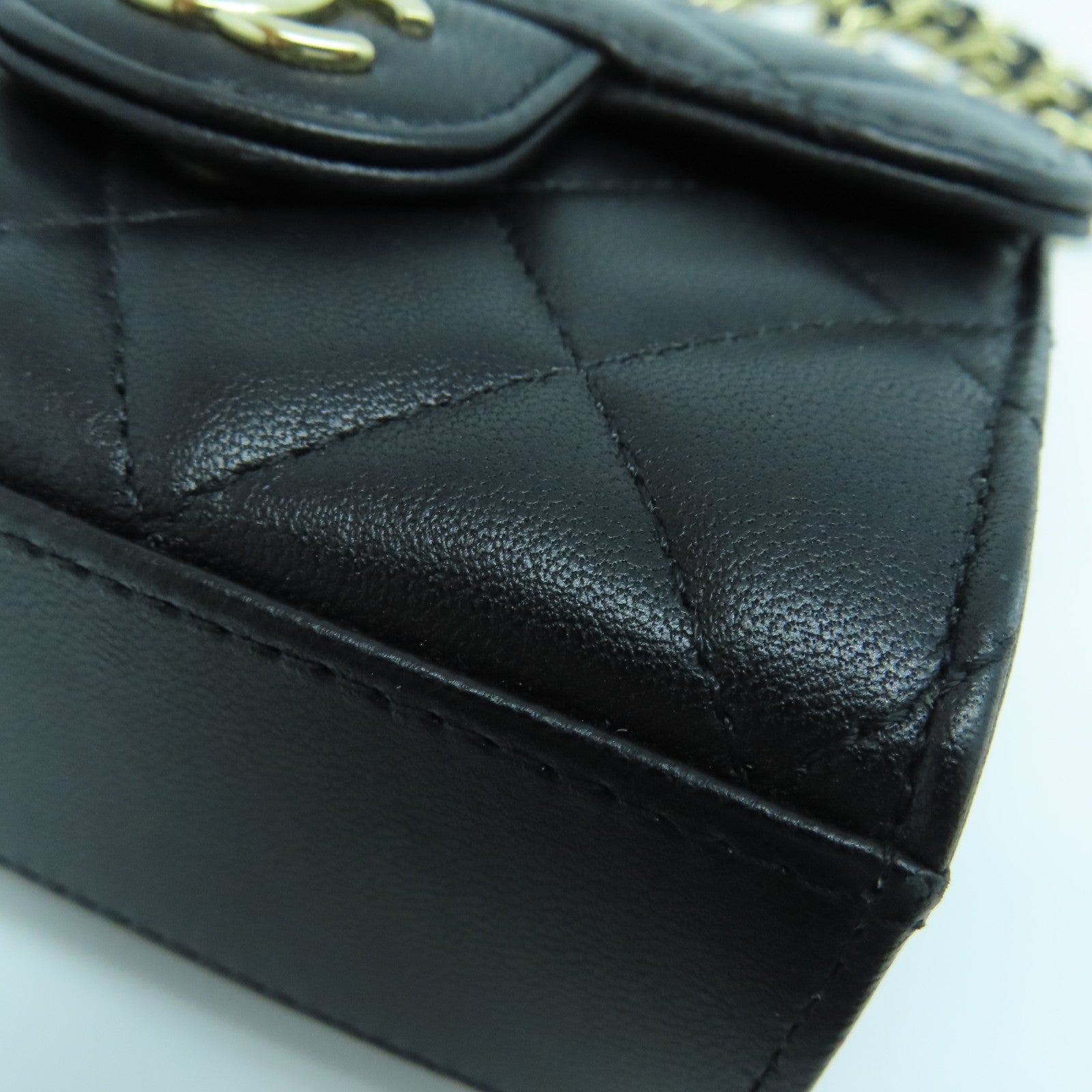 CHANEL 菱格羊皮皮革Chain Shoulder金扣手挽肩背兩用袋黑色