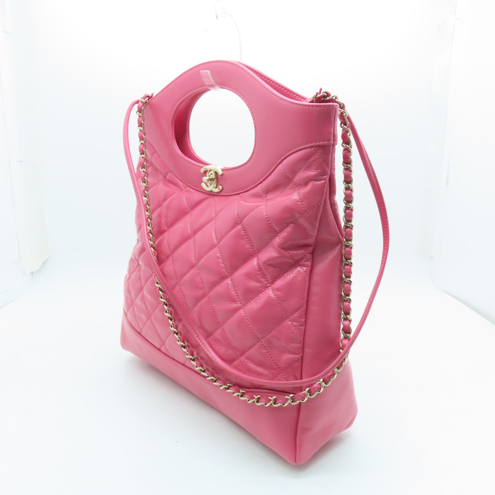 CHANEL 菱格Aged Calf皮革2way Shoulder Bag金扣手挽肩背兩用袋粉紅色
