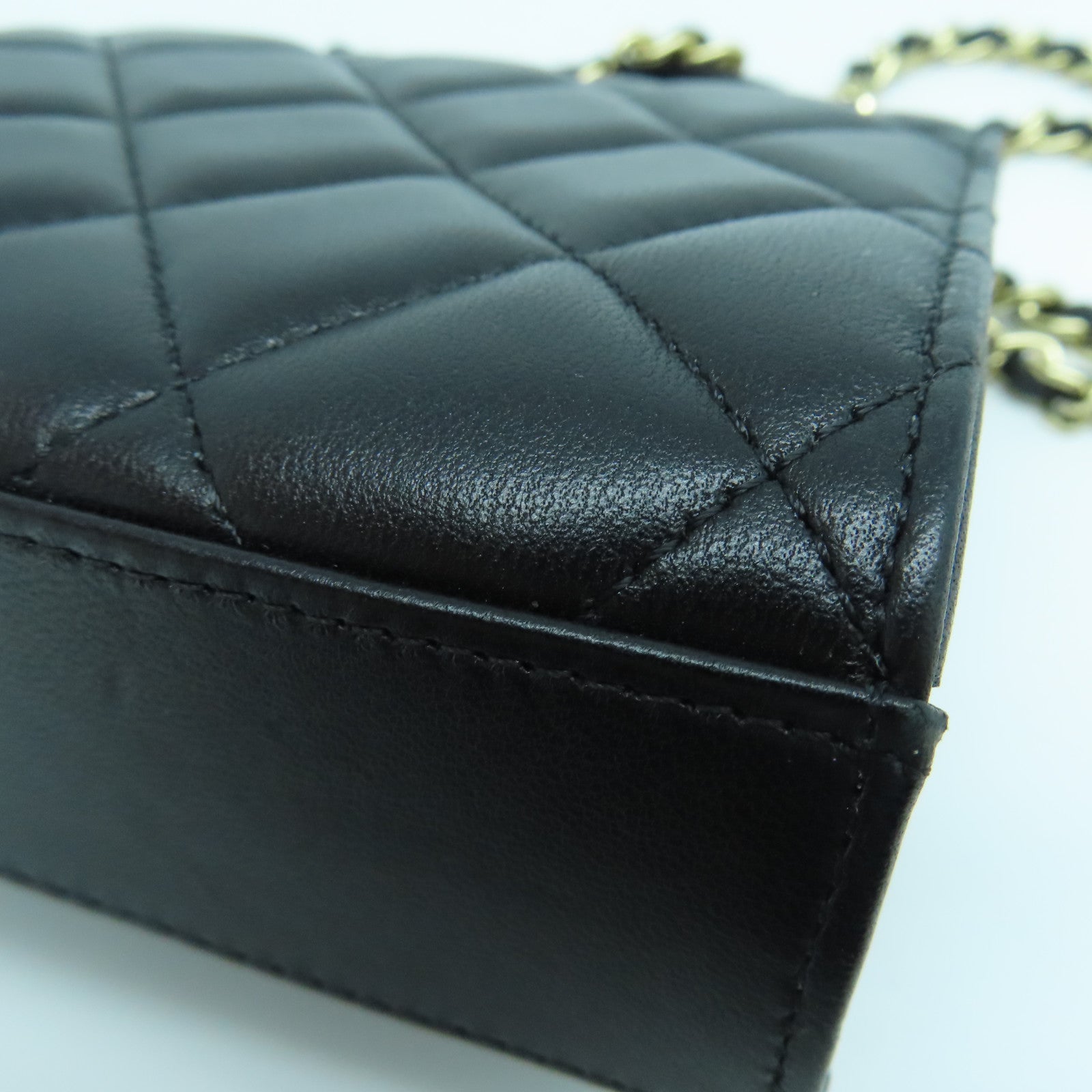 CHANEL 菱格羊皮皮革Chain Shoulder金扣手挽肩背兩用袋黑色