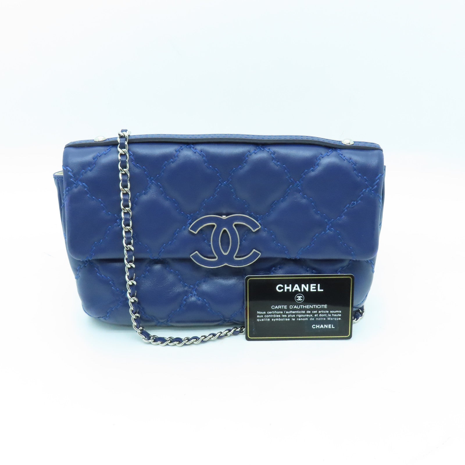 CHANEL 菱格羊皮皮革Chain Shoulder銀扣肩背袋藍色