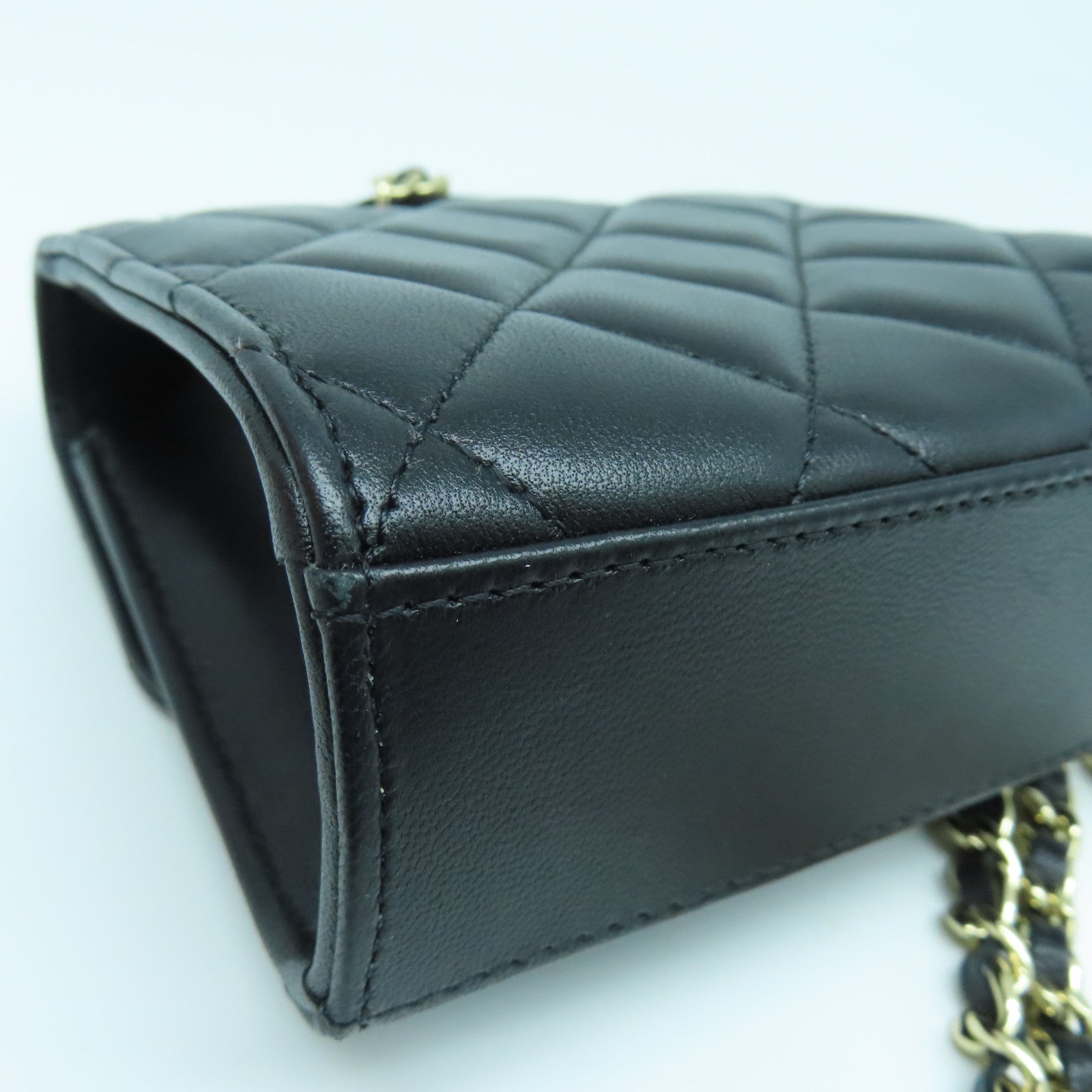 CHANEL 菱格羊皮皮革Chain Shoulder金扣手挽肩背兩用袋黑色