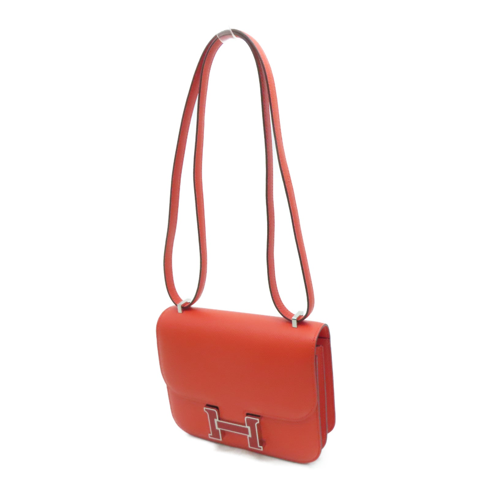 HERMES 【激减优惠】Epsom皮革Constace Mini银扣肩背袋Capucine/红色