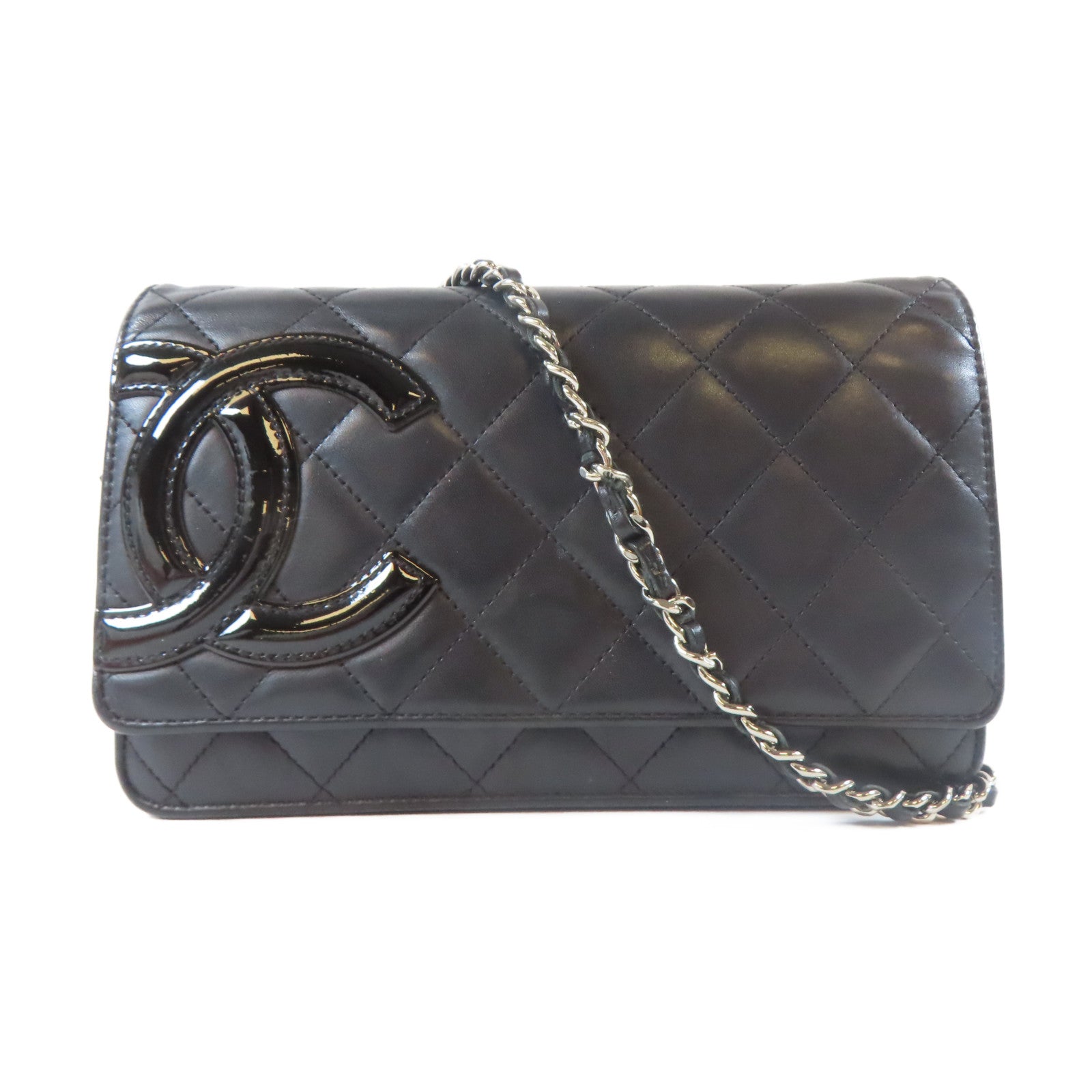 CHANEL 菱格牛皮皮革Cambon Wallet On Chain銀扣鏈帶肩背袋黑色