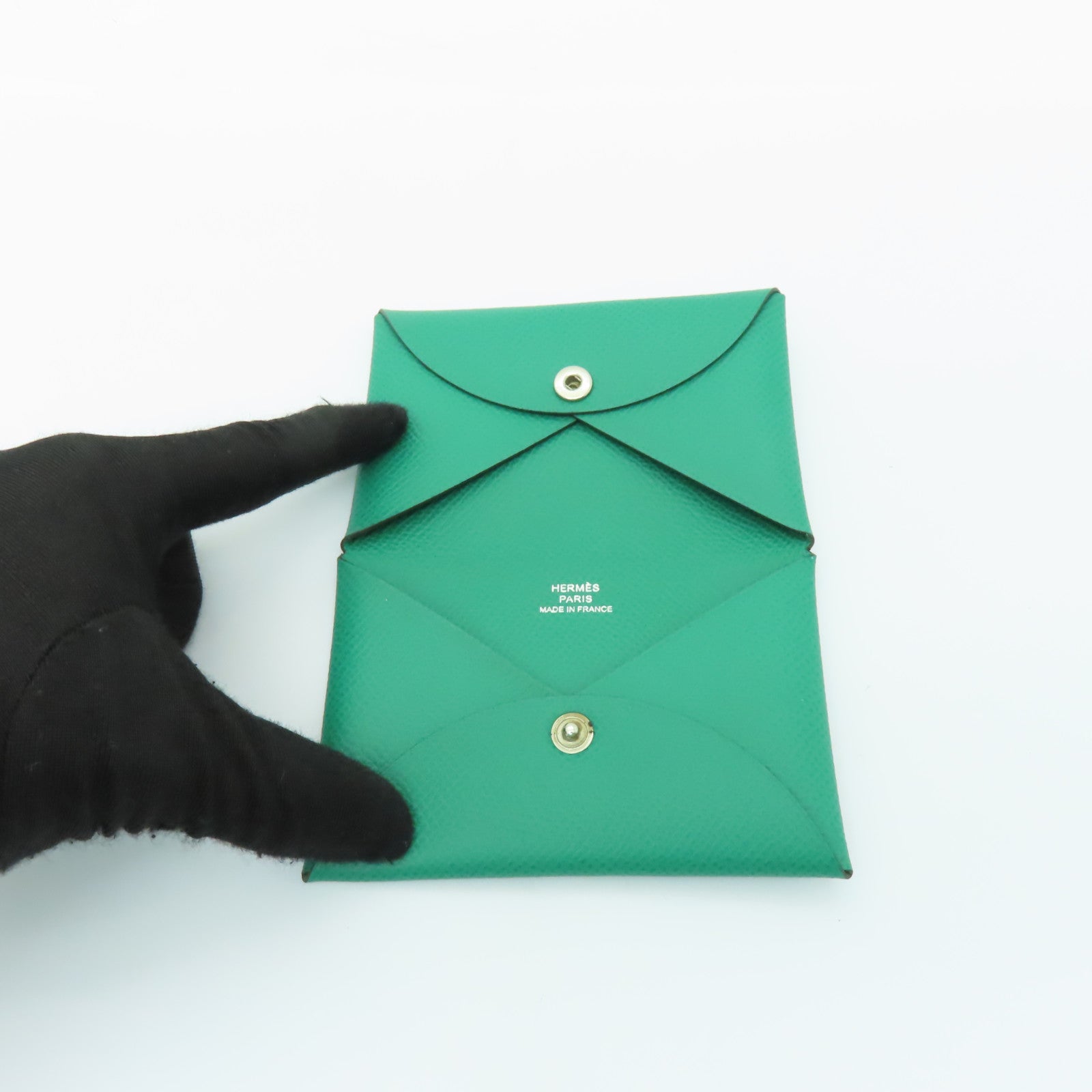 HERMES Epsom皮革Calvi Card Case銀扣卡片套Vert Jade綠色